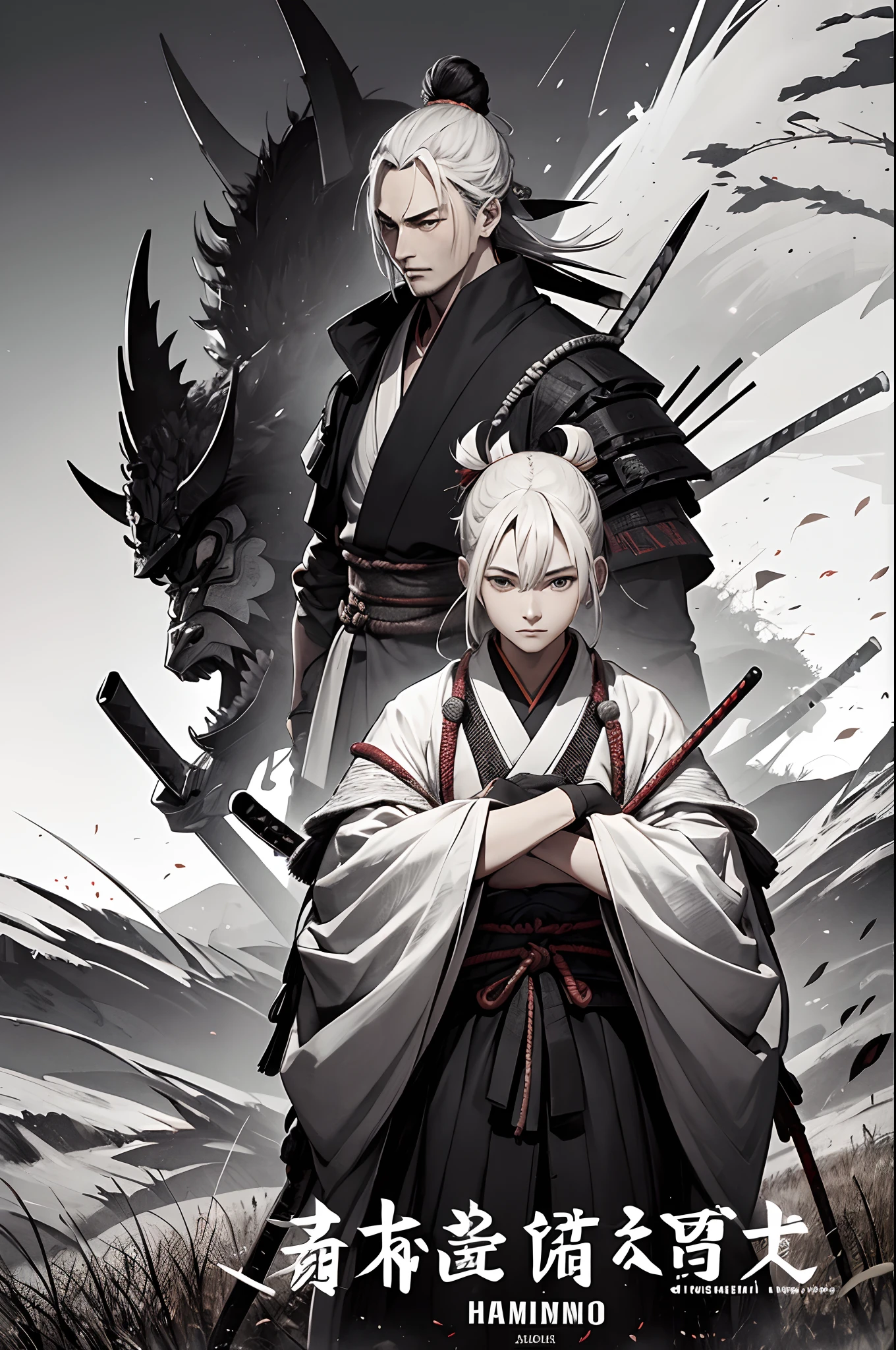 1 samurai, Ronin, poses de samurai, Caminhando em um campo de arroz, Noite com raios, estilo Akira Kurosawa, altamente detalhado, alta resolução, cinemactic, Various details in the scenario, Era feudal japonesa, Japanese Empire, imagem em preto e branco