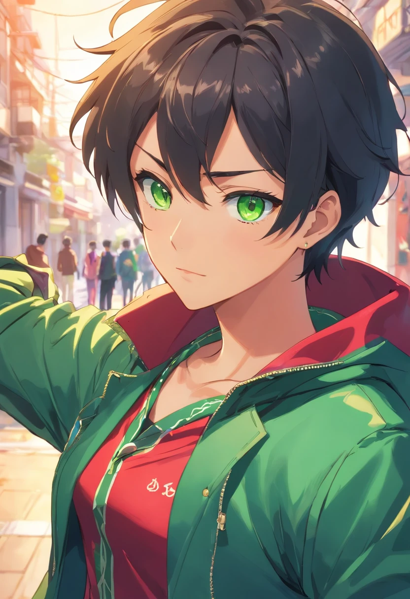 1man, tall, green eyes, black hair, green cap with red lines and a cherry in the center of the cap, green school clothes with sleeves tucked in with an opening in the chest of the green jacket, red shirt inside the green jacket , gold coffin-shaped necklace, gold chain with a sun and moon attached to the chest of the shirt and the collar of the shirt, fingerless gloves, jojo's bizarre adventure, jouta kujo