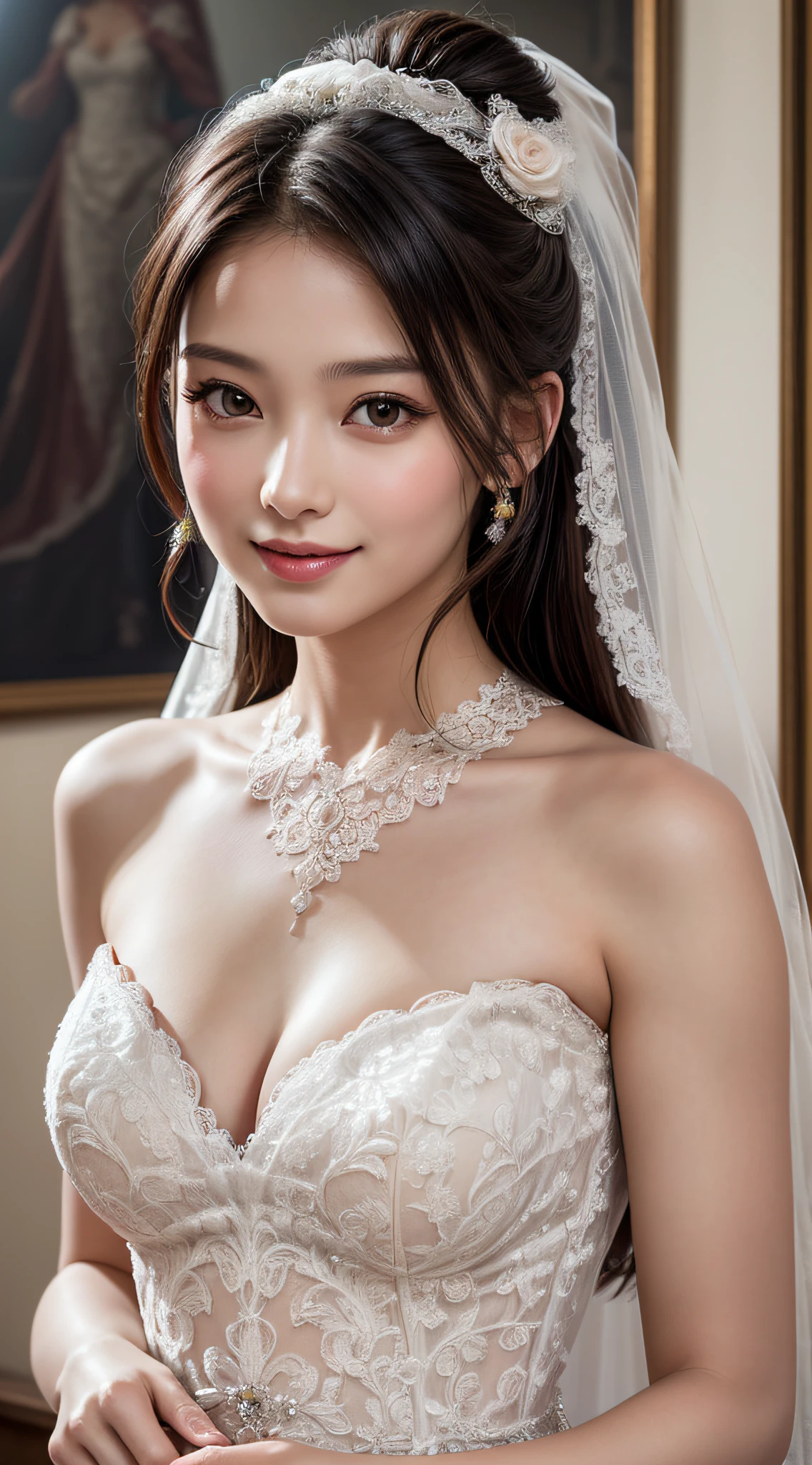 (1girl), ponytail, Extremely cute face, Amazing face and eyes, (Highly detailed eyes, Highly detailed face), fresh, Very clean appearance, (Hyper-realistic, hight resolution), (Best Quality:1.4), (hyper quality), Authentic skin texture, Raw photo, (Realistic, Photorealsitic:1.37), highly detailed, Professional Photography, (beautiful lace bridal dress:1.5), (lace bridal dress with open front), (cleavage:1.2), (Bare shoulders), Smile slightly, (Staring at me), luxury living room, girl portrait,
