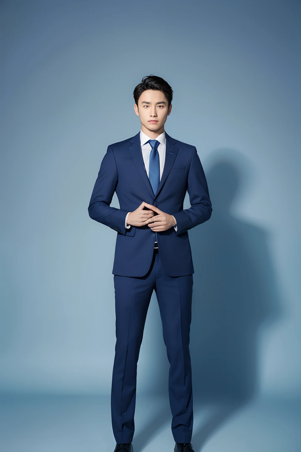 Standing man，The background is blue，Business suit，ID photo，frontage，Stand upright，Bring your feet together，Hands down，The task is in the middle