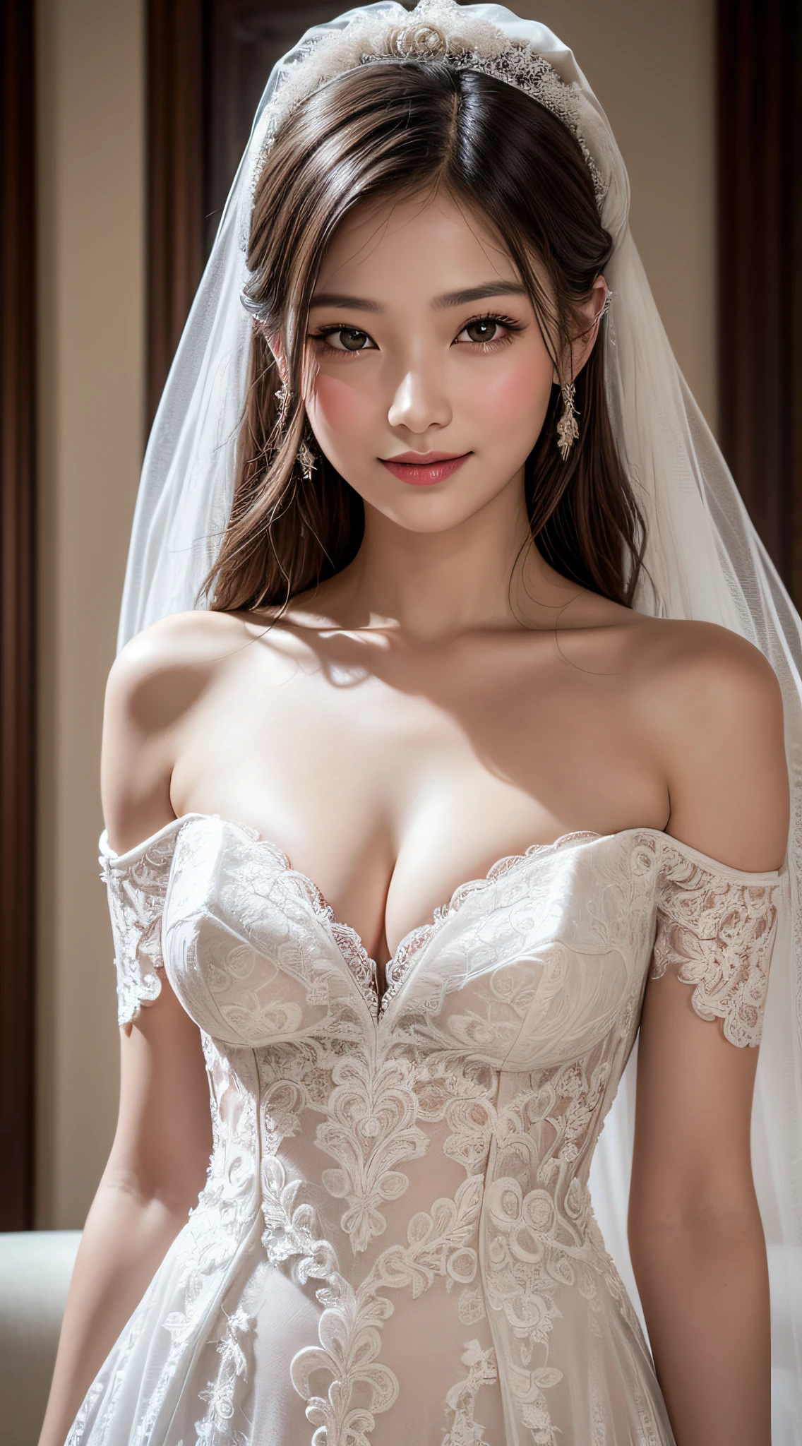 (1girl), ponytail, Extremely cute face, Amazing face and eyes, (Highly detailed eyes, Highly detailed face), fresh, Very clean appearance, (Hyper-realistic, hight resolution), (Best Quality:1.4), (hyper quality), Authentic skin texture, Raw photo, (Realistic, Photorealsitic:1.37), highly detailed, Professional Photography, (beautiful lace bridal dress:1.5), (lace bridal dress with open front), (cleavage:1.2), (Bare shoulders), Smile slightly, (Staring at me), luxury living room, girl portrait,