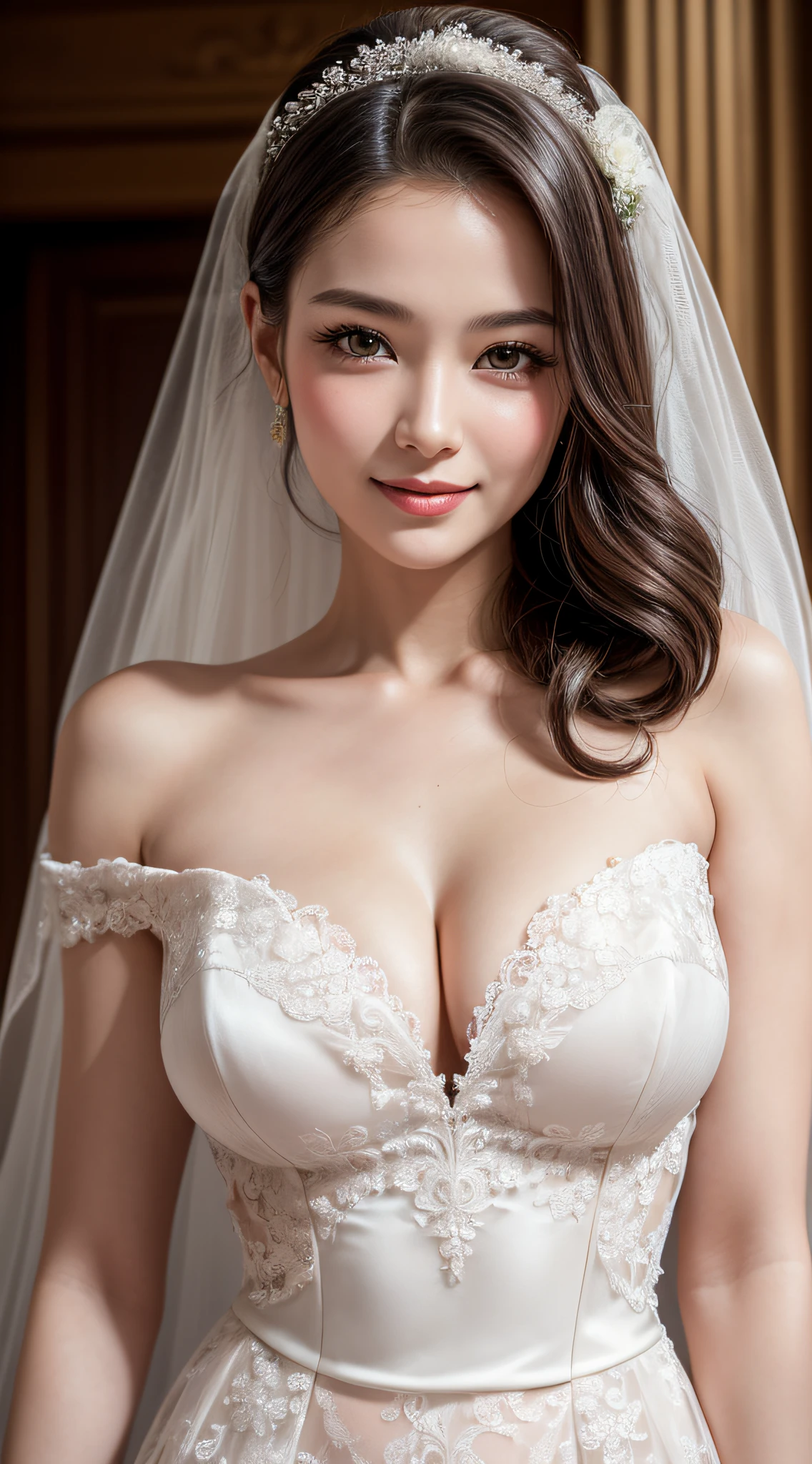 (1girl), ponytail, Extremely cute face, Amazing face and eyes, (Highly detailed eyes, Highly detailed face), fresh, Very clean appearance, (Hyper-realistic, hight resolution), (Best Quality:1.4), (hyper quality), Authentic skin texture, Raw photo, (Realistic, Photorealsitic:1.37), highly detailed, Professional Photography, (beautiful lace bridal dress:1.5), (lace bridal dress with open front), (cleavage:1.2), (Bare shoulders), Smile slightly, (Staring at me), luxury living room, girl portrait,