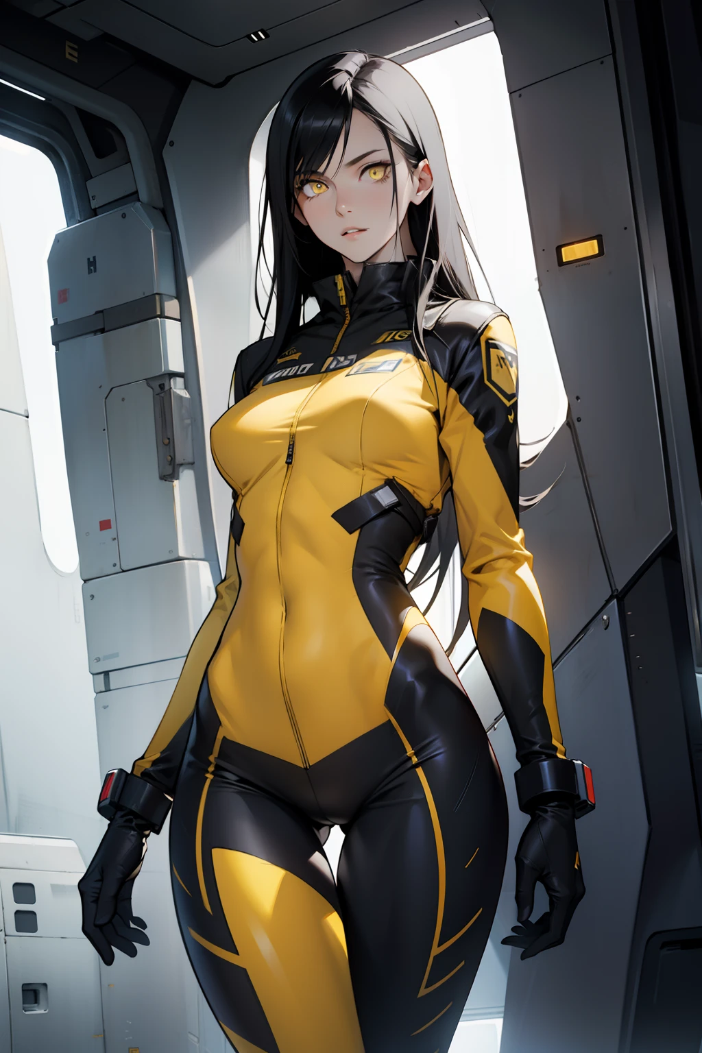 1 girl, black hair, yellow eyes, very long hair, pale skin, fit body, slender body, slim waist, large breasts, (confident expression), pilot suit, thigh gap