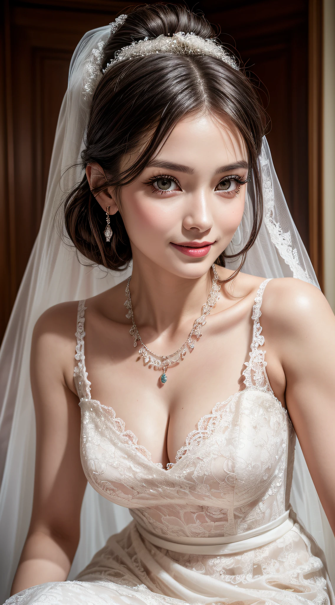 (1girl), ponytail, Extremely cute face, Amazing face and eyes, (Highly detailed eyes, Highly detailed face), fresh, Very clean appearance, (Hyper-realistic, hight resolution), (Best Quality:1.4), (hyper quality), Authentic skin texture, Raw photo, (Realistic, Photorealsitic:1.37), highly detailed, Professional Photography, (beautiful lace bridal dress:1.5), (lace bridal dress with open front), (cleavage:1.2), (Bare shoulders), Smile slightly, (Staring at me), luxury accessories, necklaces and earrings, luxury living room, girl portrait,