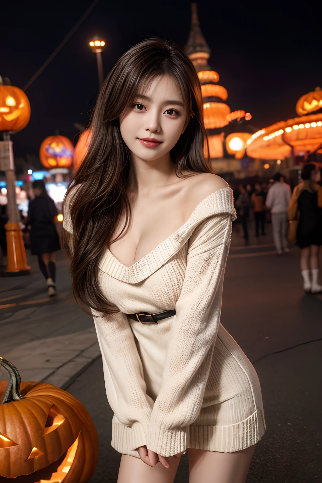 ​masterpiece、8K、32K、top-quality、(A cute Japanese woman:1.1)、detail portrayal、1 girl in、elegent、Cleavage of、A sexy、(sweater dress:1.3)、(Halloween:1.3)、Night amusement park、cowboy  shot、ssmile、a cool