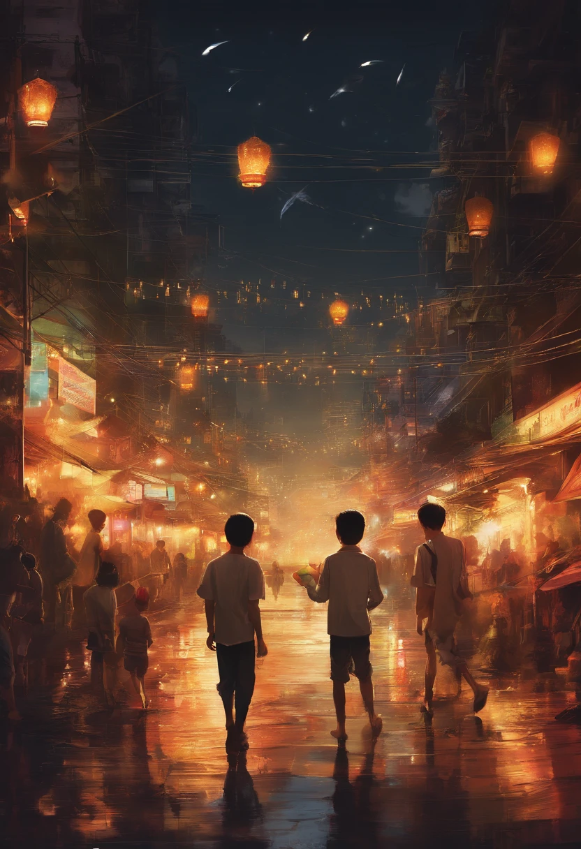 create a photo of two handsome boys walking in the lighting street, people lighting candle light, and play firework on Yangon night view
