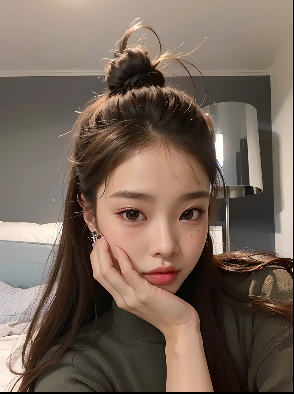 Woman with long hair and a messy bun on her head, jennie blackpink, young adorable korean face, coreana, wan adorable korean face, jossi do blackpink, com rosto redondo, south east asian with round face, korean face features, Jinyoung Canela, young cute wan asian face, belo rosto redondo, Mulher sul-coreana bonita, Parque Roseanne do Blackpink