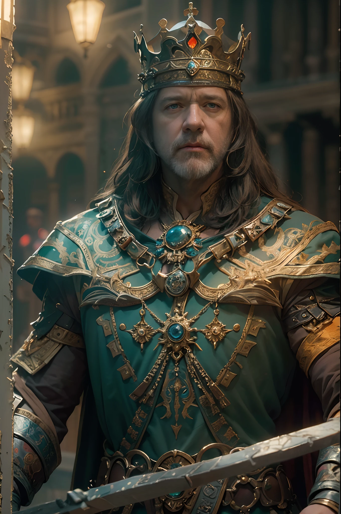 The old man wore the crown on General Maximus by Russell Crowe(Russell Ella Crowe)Play(cinematic ligh:gladiator)Head,,,Coronation as king,Short dark brown hair,Small waves,Crown on head,Dressed in the emperor's robes,Delicate muscle contours, Realistic depiction, 4K quality. (Background with: The main hall of the Royal Palace),vague background,32k ULTRAHD, Best quality, Masterpiece, Super detail, High details,Correct anatomy,Ultra photo realsisim, fearsome, Dark fantasy, epic realistic, Faded, ((com cores neutras)), (hdr:1.5), (pastel colour:1.2), ultra - detailed, (Art Station:1.5), Cinematic, warm lights, Light effect, Dramaticlight, (Intricate details:1.1), the complex background, (greg rutkovsky:0.8), (Teal and orange:0.4),Meticulous muscle definition, Realistic depiction, Correct anatomy,8K, High definition, Detailed face, Detailed eyes,