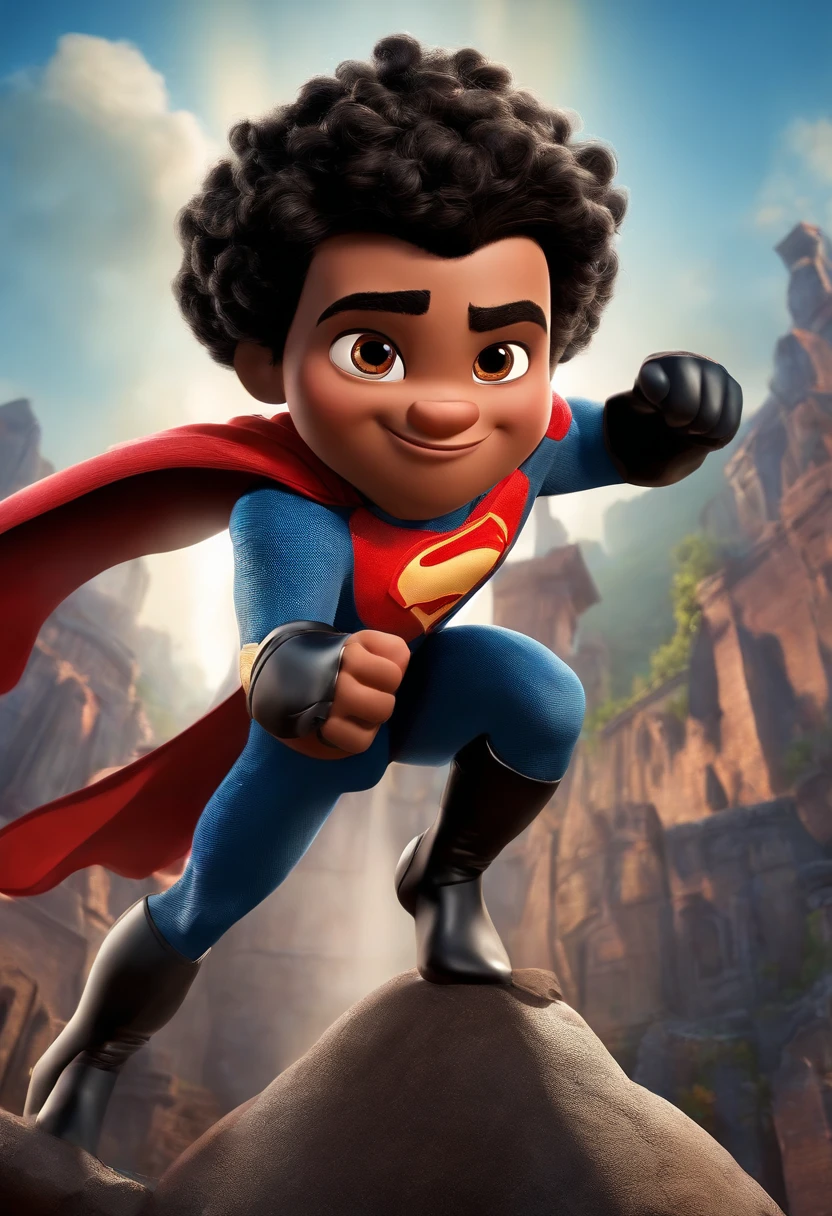 garoto preto, com cabelo cacheado curto, forte, alto, musculoso super heroi, disney pixar poster 3d