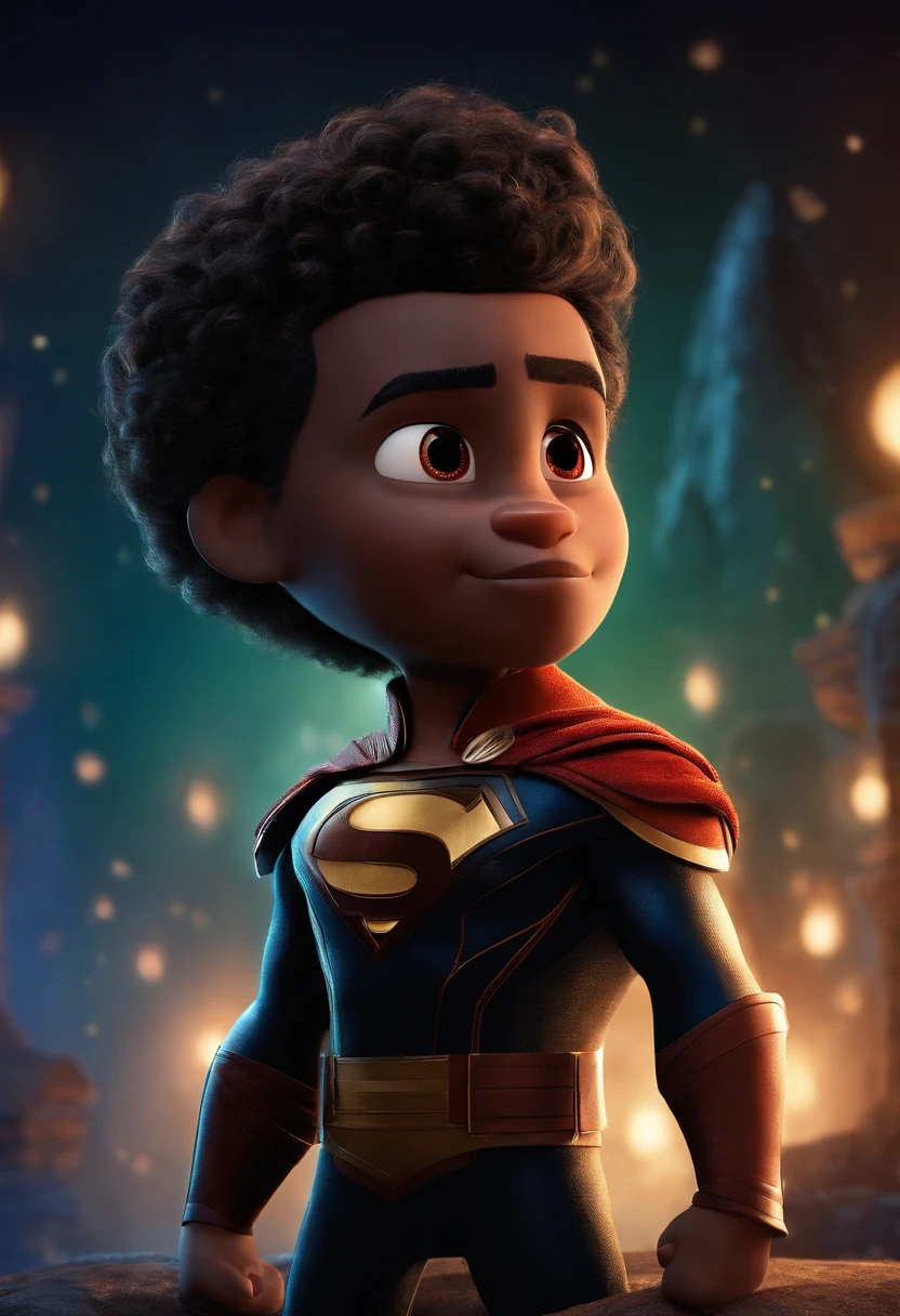 garoto preto, com cabelo cacheado curto, forte, alto, musculoso super heroi, disney pixar poster 3d
