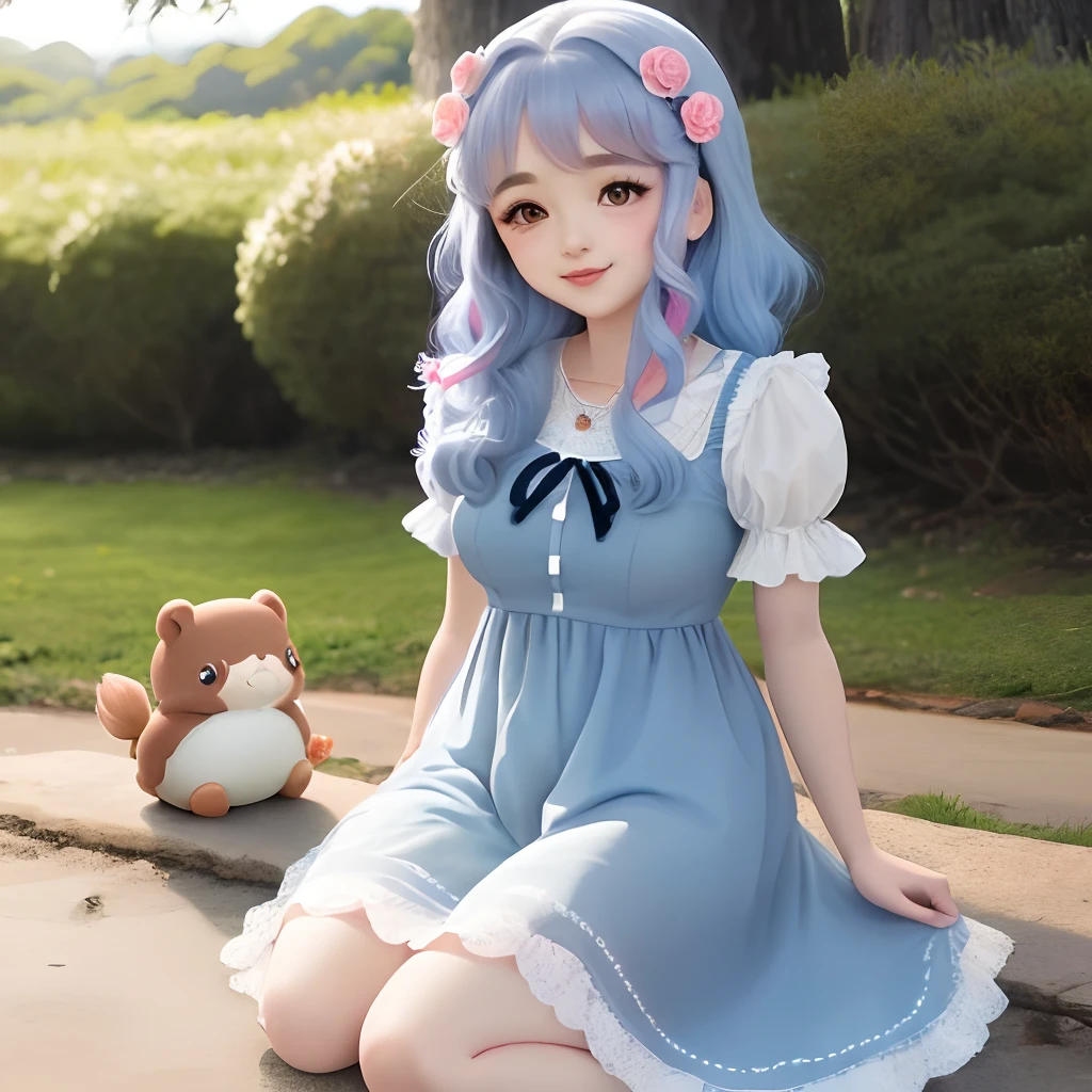 Uma garota de anime com orelhas de coelho kawaii, cabelos azul e rosa, com um vestido fofo branco com uma faixa na cintura, e detalhes rosas, 40×40 image