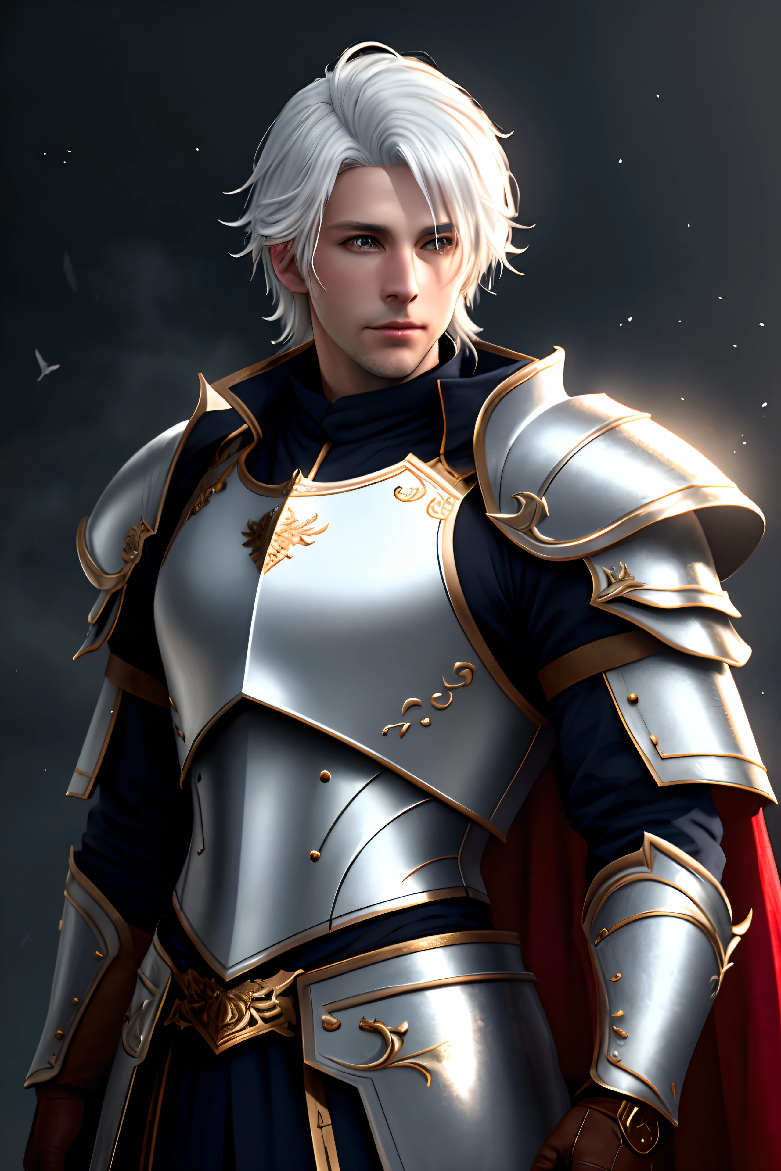 masterpiece, ultra detailed photography of a gorgeous humanoid dragon male, 1guy, (((36 year old male))), perfectly drawn face, wearing a luxury white battle armor, luxurious gloves, 8k resolution, photorealistic, ultra-high quality, king, opulent detailed background, covered navel, 32k, (medium white hair), full lips, curvy guy, perfect anatomy, cinematic lighting, intricately detailed, white tetradic color, volumetric lighting, small white beard