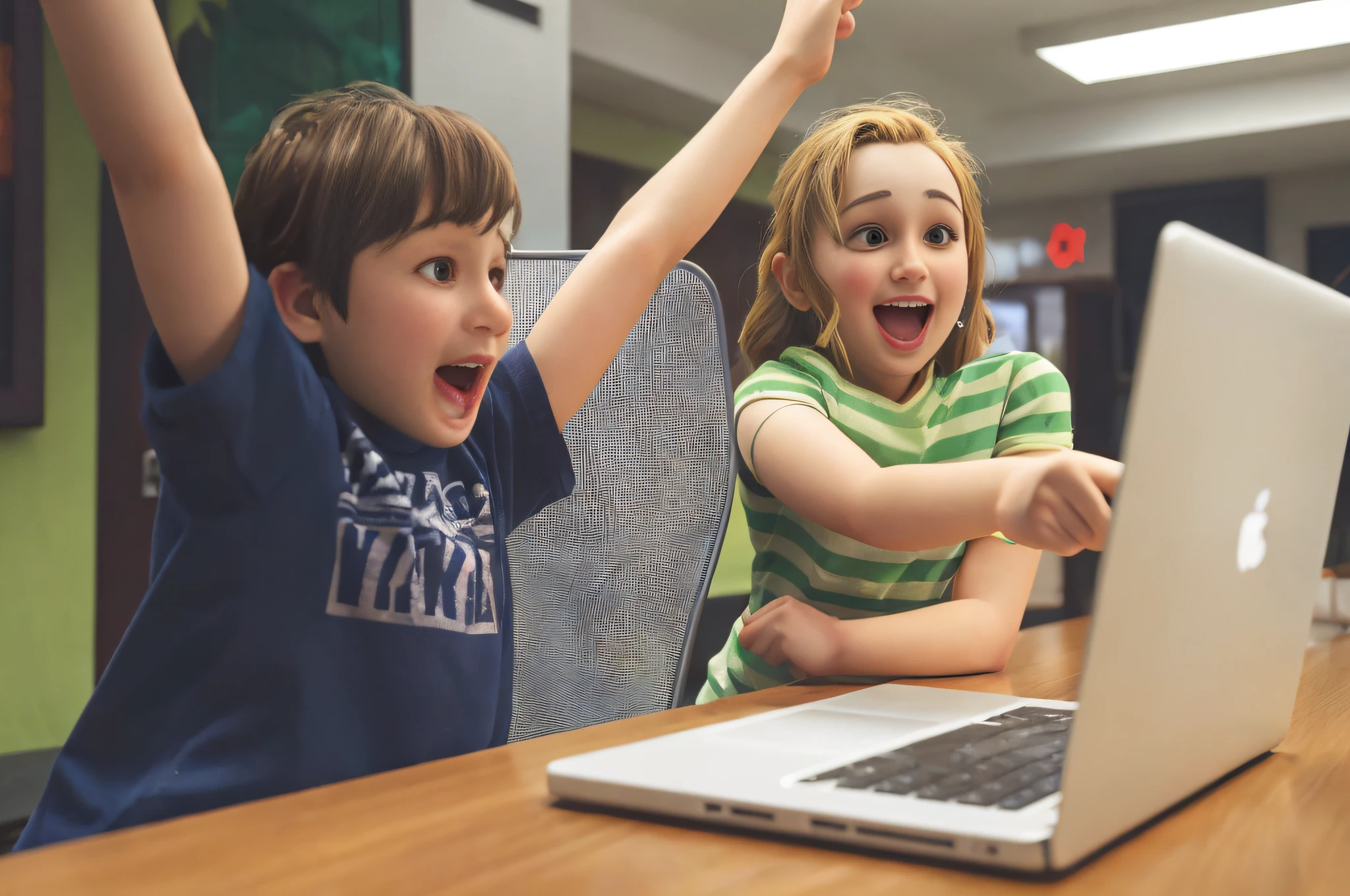 There are two children sitting at a table with their hands in the air, pexels, muito animado, Excitado, Pixabay, Qualidade aprimorada, cabrito, arousal, iStock, Advanced technology, Pose triunfante, garoto feliz, accurately portrayed, todos excessivamente animados, integrating with technology, childrens, divertindo-se, atmosfera calorosa e alegre, next gen, garotada