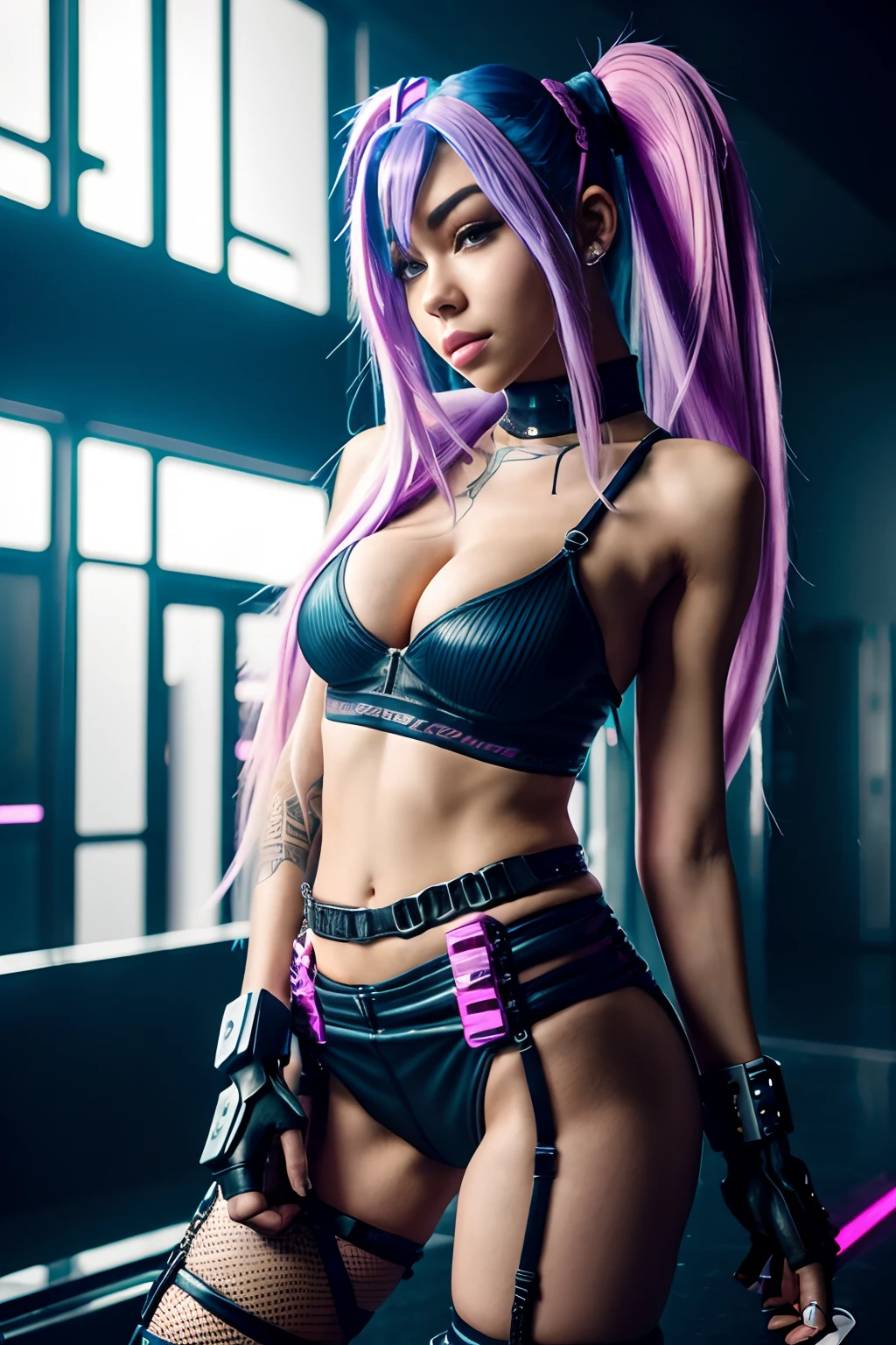 (((Madison beer))), ((laying down)), dressed in cosplay of ((jinx))(back view) () , araffe cosplaying with a gun and a colored outfit, jinx from league of legends, jinx from arcane, vi from league of legends, cyberpunk, vi from arcane, cyberpunk angry gorgeous goddess, arcane jinx, in cyberpunk style,  cyberpunk dark fantasy, oppai cyberpunk, cyberpunk 2 0 y. o model girl, cyberpunk vibes, fit belly, skinny,  belly, mini top,  is to small, mini , mini  , hair color blue and pink