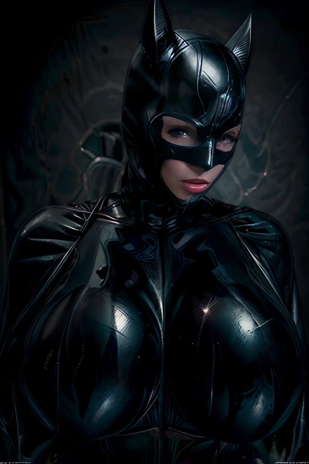 batman cosplaying in a black latex suit and cape, batgirl, anigirl batman, nighttime in gotham city, thicc, cosplay on black harley queen, cat woman, selina, fat batman, cassandra cain in satin, gotham city style, ross tran 8 k, catwoman, batman, full-cosplay, batwoman, maika monroe batgirl, cassandra cain, full costume, gigantic breasts, cleavage, giga_busty