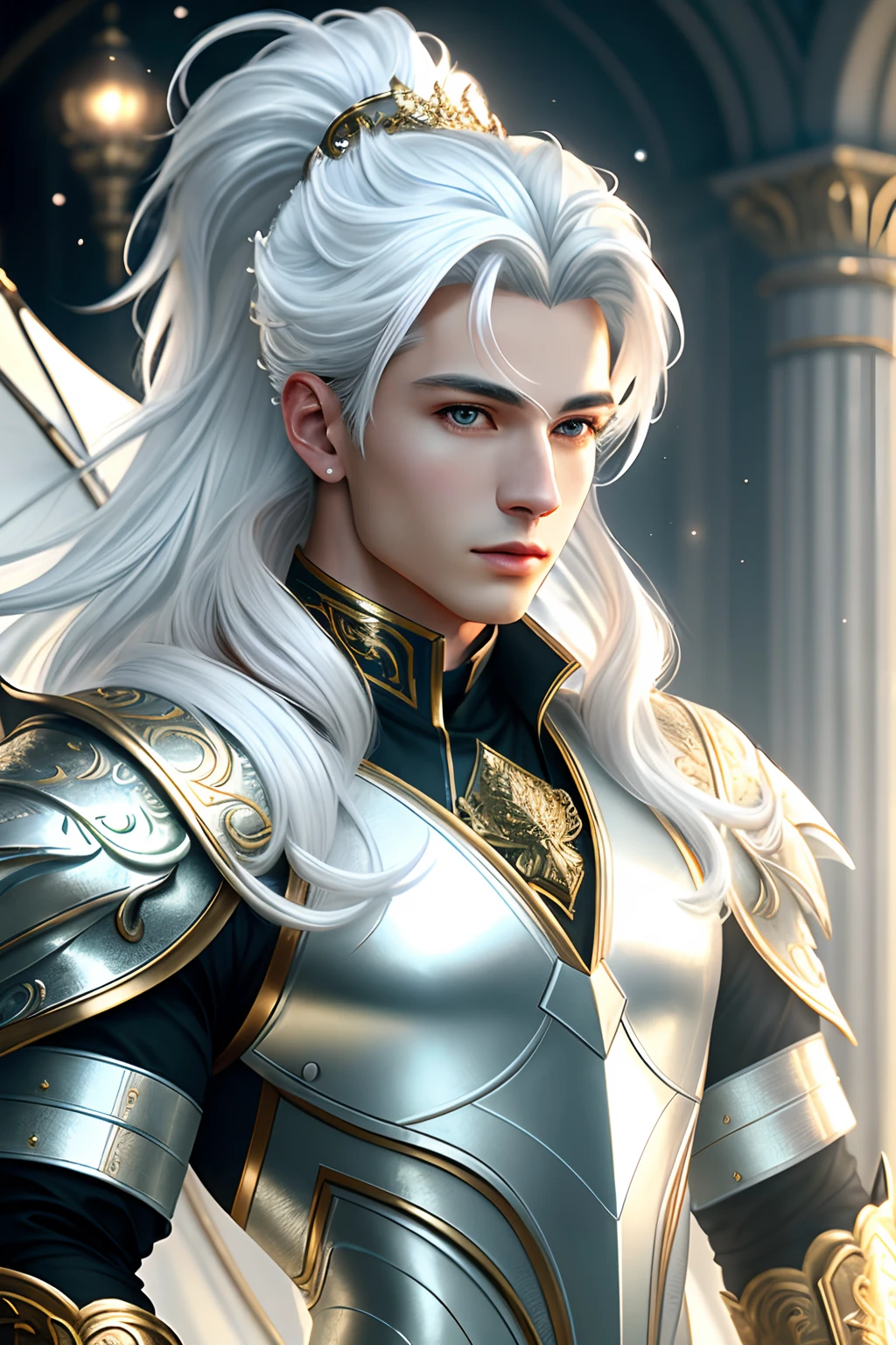 masterpiece, ultra detailed photography of a gorgeous humanoid dragon male, 1guy, (((male))), perfectly drawn face, wearing a luxury white battle armor, luxurious gloves, 8k resolution, photorealistic, ultra-high quality, long hair, king, opulent detailed background, covered navel, 32k, short white hair, full lips, curvy guy, perfect anatomy, cinematic lighting, intricately detailed, white tetradic color, volumetric lighting