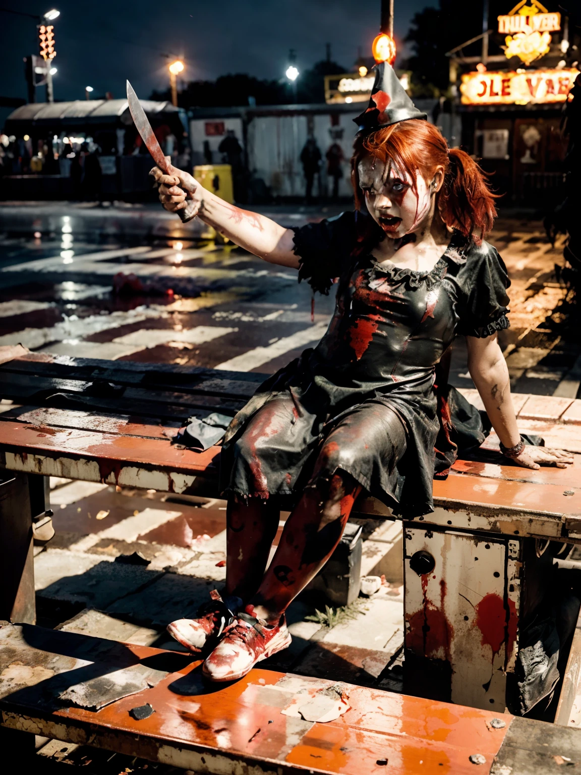 Blood covered, 8  girl, in clown costume sitting on very blood soaked bench, bloody knife in her hand, bright Red hair, covered in bloody, bloody costume, at a carnival, ultra bloody scene, wearing accurate clown makeup, bloody body parts laying on the bench beside her, gory, ultra bloody, full body with costume, very go, carnival rides with lights, dark night time scene, cinematic style, scary atmosphere, horror scene, ultra detailed, 8k, horror graphics, evil scene, ultra detailed, ultra realistic,