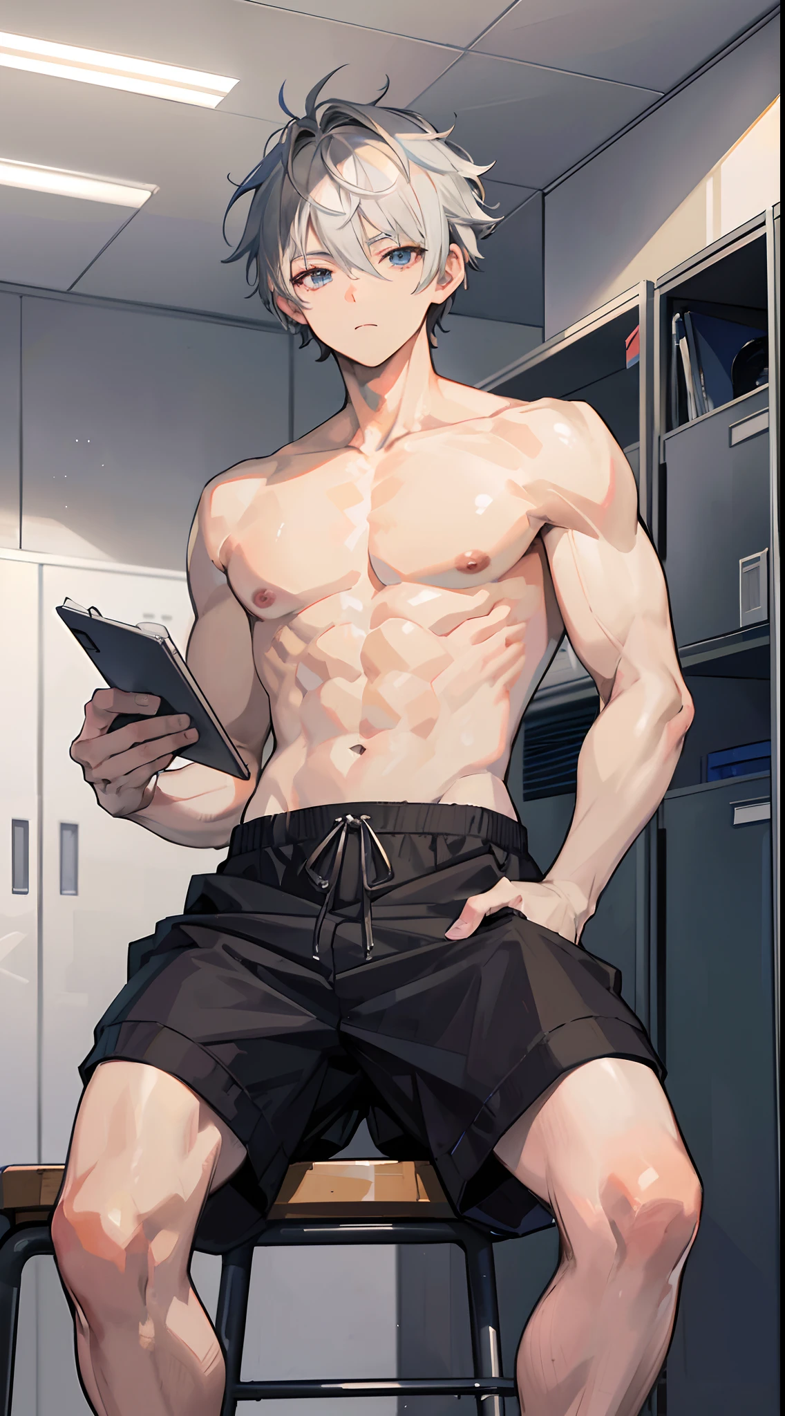 Absurdres masterpiece HDR high quality picture of Handsome boy , handsome face, detailed face, grey hair , very Short hair, ((messy cut hair style:1 )) , anime eyes, light skin , ((muscular:1)),masculine ,age 18 , 

Wearing a school varsity, topless , sitting comfortably on chair in boys locker room, beautiful background, masterpiece scenery