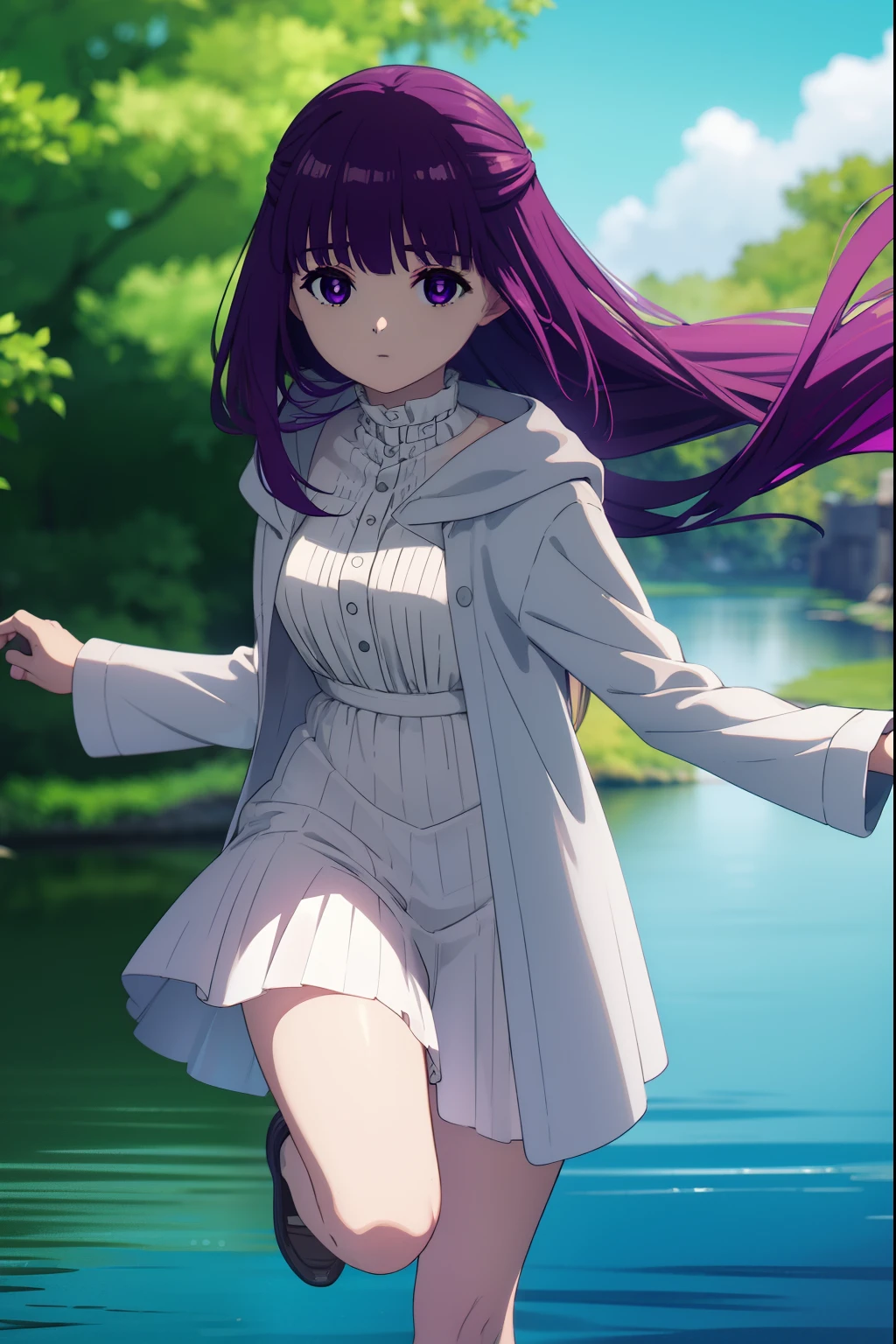 solo,fern, fern, long hair, bangs, (purple eyes:1.1), purple hair, sidelocks, blunt bangs, bright pupils, half updo, BREAK shirt, dress, jacket, white shirt, open clothes, hood, white dress, hood down,BREAK looking at viewer, upper body, (full body:1.2),
BREAK outdoors, sky, nature, BREAK (masterpiece:1.2), best quality, high resolution, unity 8k wallpaper, (illustration:0.8), (beautiful detailed eyes:1.6), extremely detailed face, perfect lighting, extremely detailed CG, (perfect hands, perfect anatomy), (floating over a lake2.0)