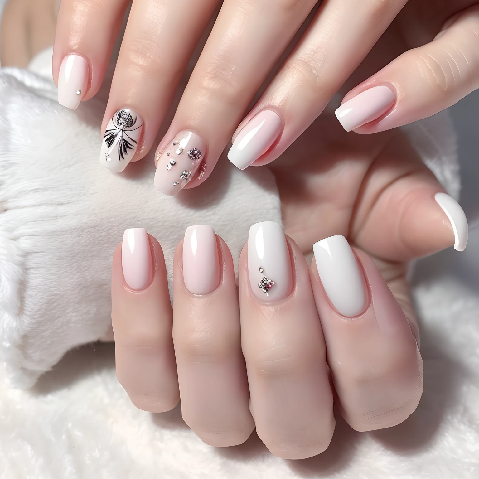 Women's nails,Pale pink nail art,Thin white fingers,Right hand