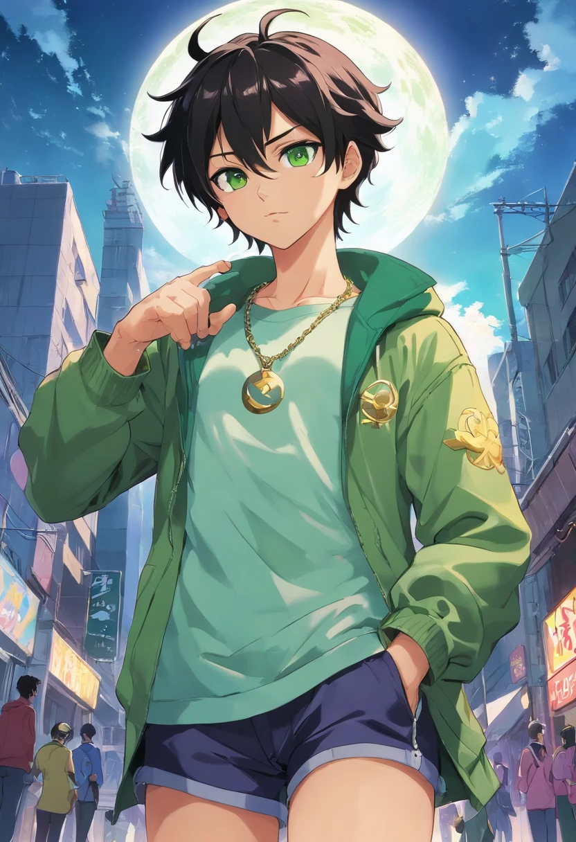 1 man, green eyes, black hair, green cap with a cherry in the center of the cap, pants and green jacket with tucked in sleeves with an opening in the chest of the green jacket, red shirt inside the green jacket,
golden coffin shaped necklace, gold chain with a sun and moon attached to the chest of the shirt and the collar of the shirt, fingerless gloves, jojo's bizarre adventure, jouta kujo