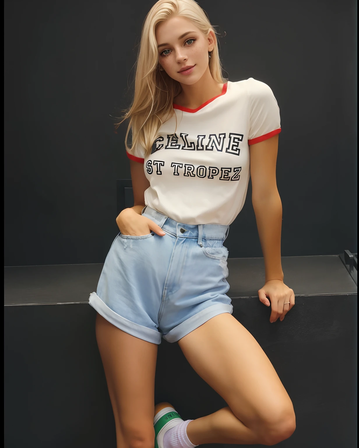 mulher, americana, 25 anos, pale skin and freckles, olhos cinzas, nariz delicado, soft and delicate lips, Cabelo blondie cinza longo e ondulados, sorriso meigo