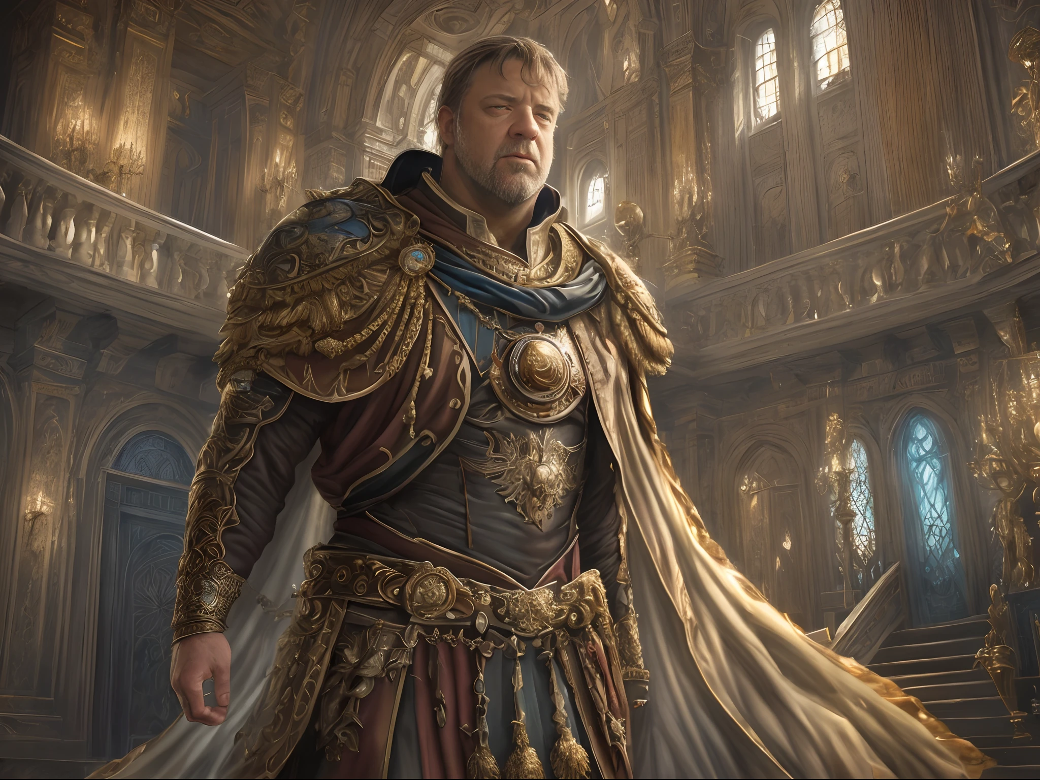 Coronation as king, Russell Crowe(Russell Ella Crowe)Played by General Maximus(cinematic ligh:gladiator),Coronation as king,Short dark brown hair,Small waves,Crown on head,Dressed in the emperor's robes,Delicate muscle contours, Realistic depiction, 4K quality. (Background with: The main hall of the Royal Palace),vague background,32k ULTRAHD, Best quality, Masterpiece, Super detail, High details,Correct anatomy,Ultra photo realsisim, fearsome, Dark fantasy, epic realistic, Faded, ((com cores neutras)), (hdr:1.5), (pastel colour:1.2), ultra - detailed, (Art Station:1.5), Cinematic, warm lights, Light effect, Dramaticlight, (Intricate details:1.1), the complex background, (greg rutkovsky:0.8),