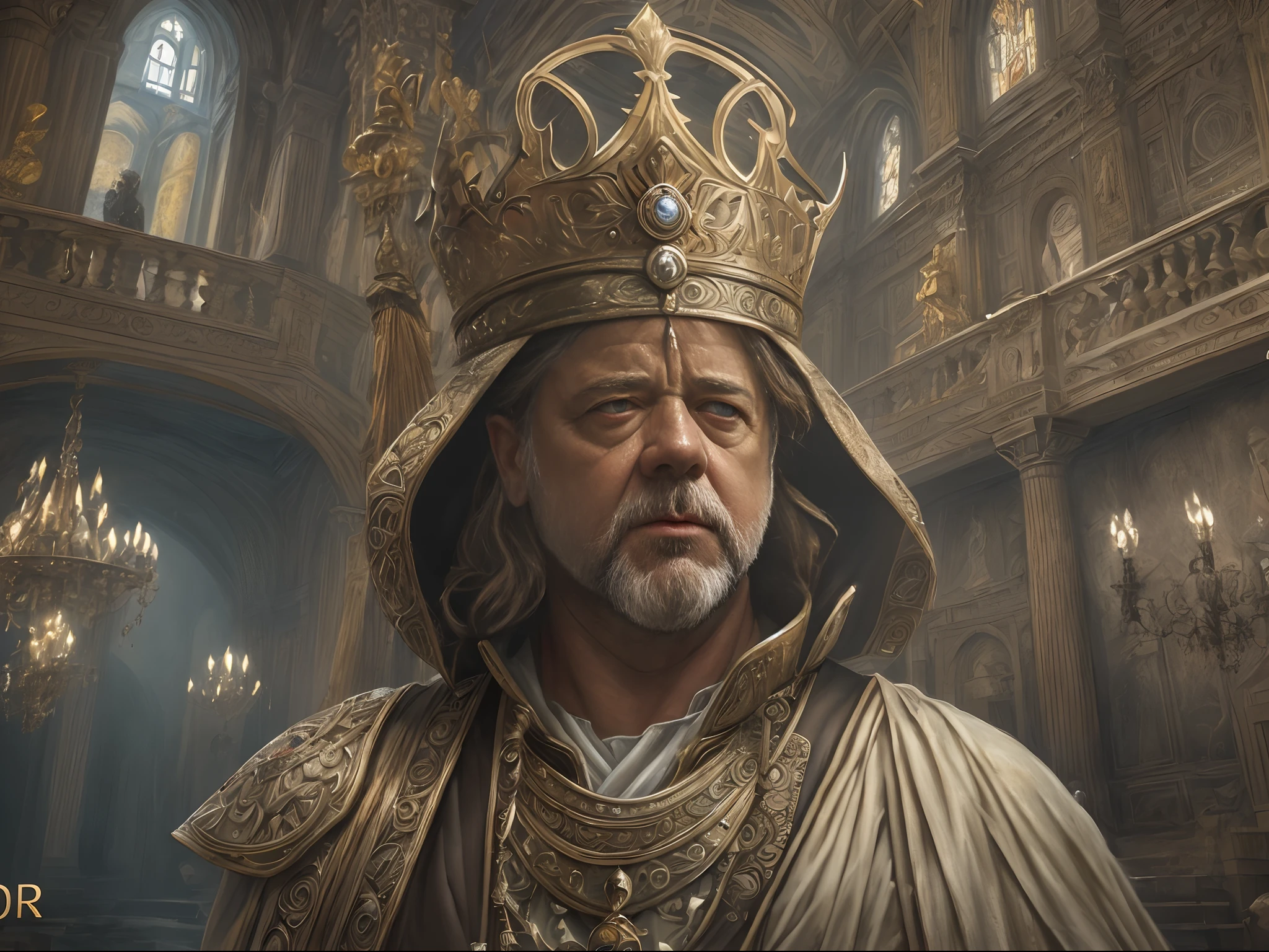 Coronation as king, Russell Crowe（Russell Ella Crowe）Played by General Maximus（cinematic ligh：gladiator），Coronation as king，Short dark brown hair，Small waves，Crown on head，Dressed in the emperor's robes，Delicate muscle contours, Realistic depiction, 4K quality. （Background with: The main hall of the Royal Palace），vague background，32k ULTRAHD, Best quality, Masterpiece, Super detail, High details，Correct anatomy，Ultra photo realsisim, fearsome, Dark fantasy, epic realistic, Faded, ((com cores neutras)), (hdr:1.5), (pastel colour:1.2), ultra - detailed, (Art Station:1.5), Cinematic, warm lights, Light effect, Dramaticlight, (Intricate details:1.1), the complex background, (greg rutkovsky:0.8),