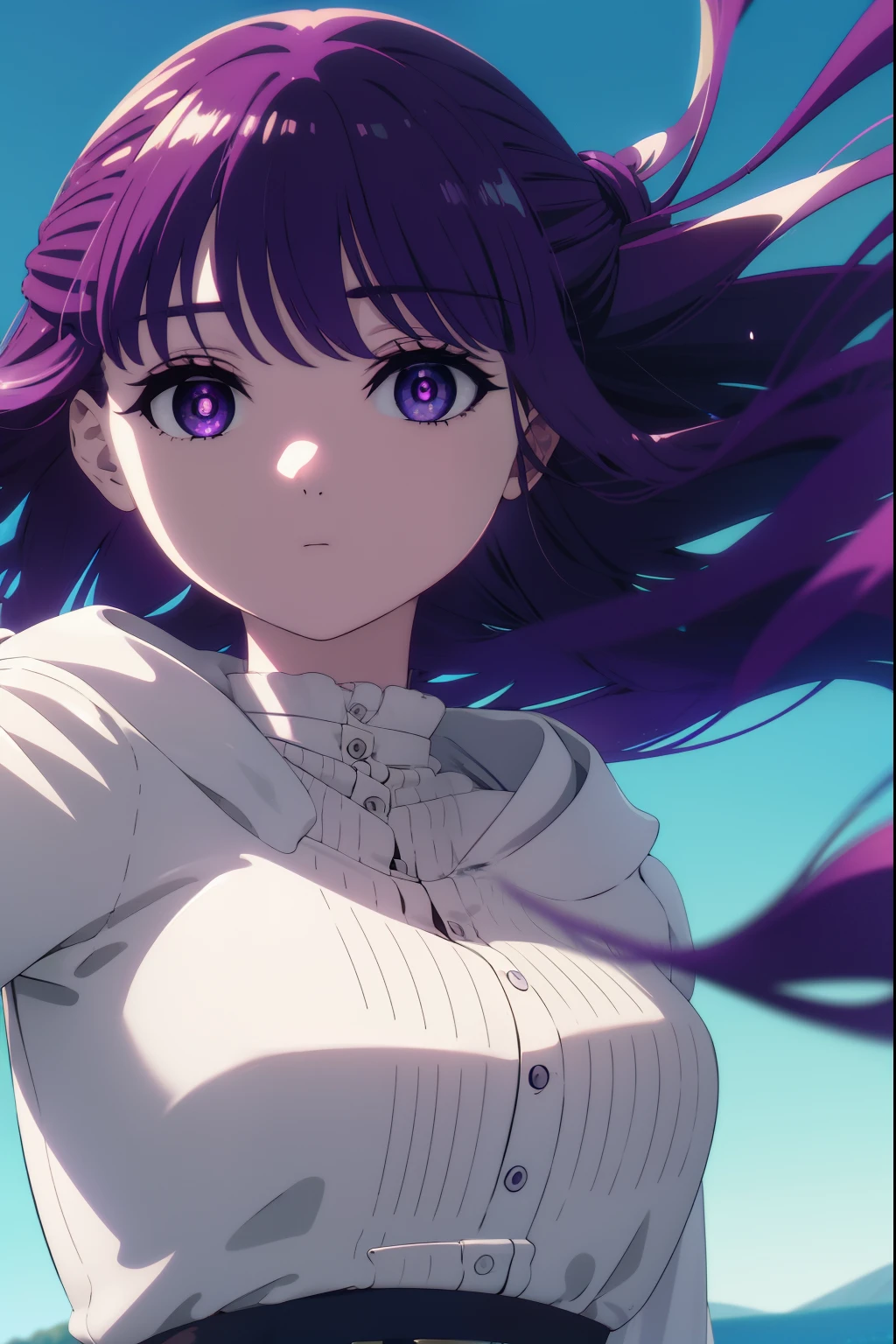 solo,fern, fern, long hair, bangs, (purple eyes:1.1), purple hair, sidelocks, blunt bangs, bright pupils, half updo, BREAK shirt, dress, jacket, white shirt, open clothes, hood, white dress, hood down,BREAK looking at viewer, upper body, (full body:1.2),
BREAK outdoors, sky, nature, BREAK (masterpiece:1.2), best quality, high resolution, unity 8k wallpaper, (illustration:0.8), (beautiful detailed eyes:1.6), extremely detailed face, perfect lighting, extremely detailed CG, (perfect hands, perfect anatomy), (floating  over a lake2.0)