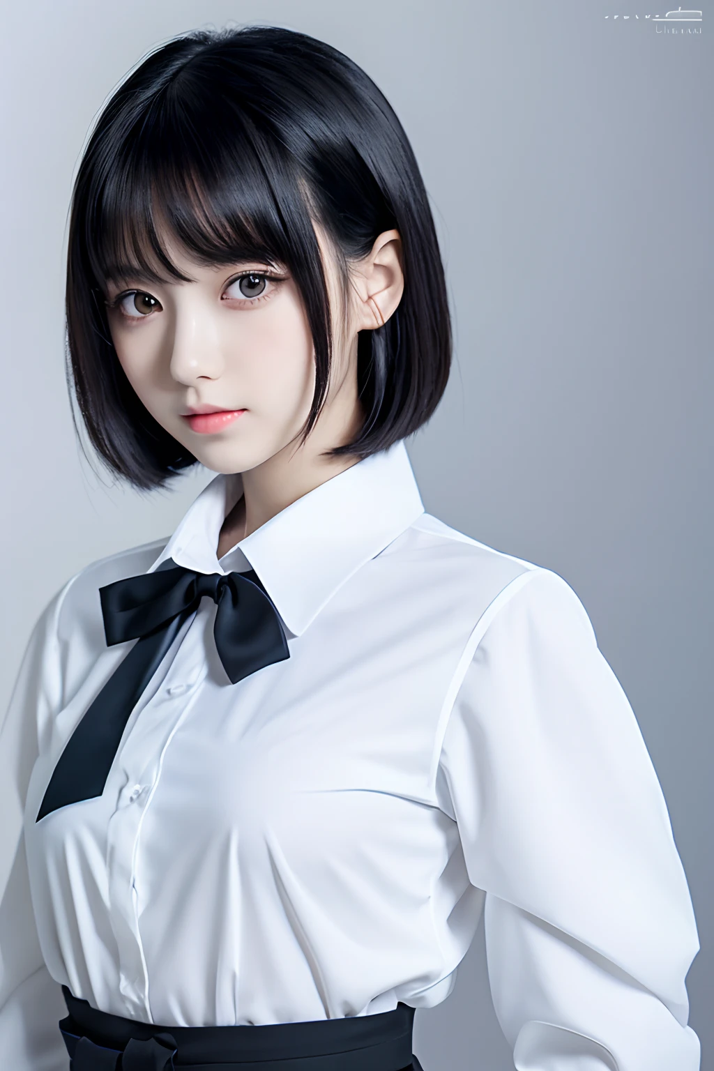 (1girl in), Japan at 25 years old,Medium head of black hair, Amazing face and eyes, Black tie,White shirt with long sleeves,((Best Quality)), (Ultra-detailed), (extremely detailed CG unified 8k wallpaper), Highly detailed, High-definition raw color photos, Professional Photography, White background,Full Body Photo Standing