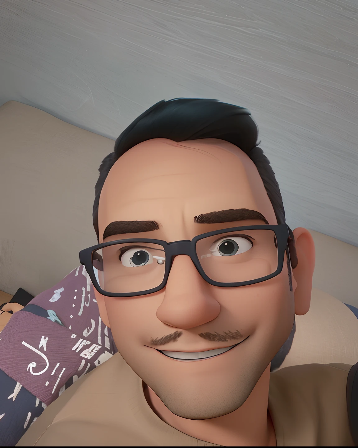 There's a man in glasses and shirt sitting on a bed, Homem de 29 anos, poster no estilo disney pixar, alta qualidade, melhor qualidade, cabelo cauvo preto, olhos preto