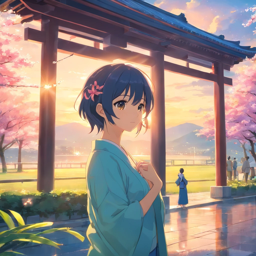 "Masterpiece, Best quality, cinematic Film still from, Aoba Yuzutsu, There is no one in the picture，Temple, Spring afternoon, Close-up, Bright, cheerfulness, Attractive, Warm and soft lighting, Sunset, (spark of light:0.7)"