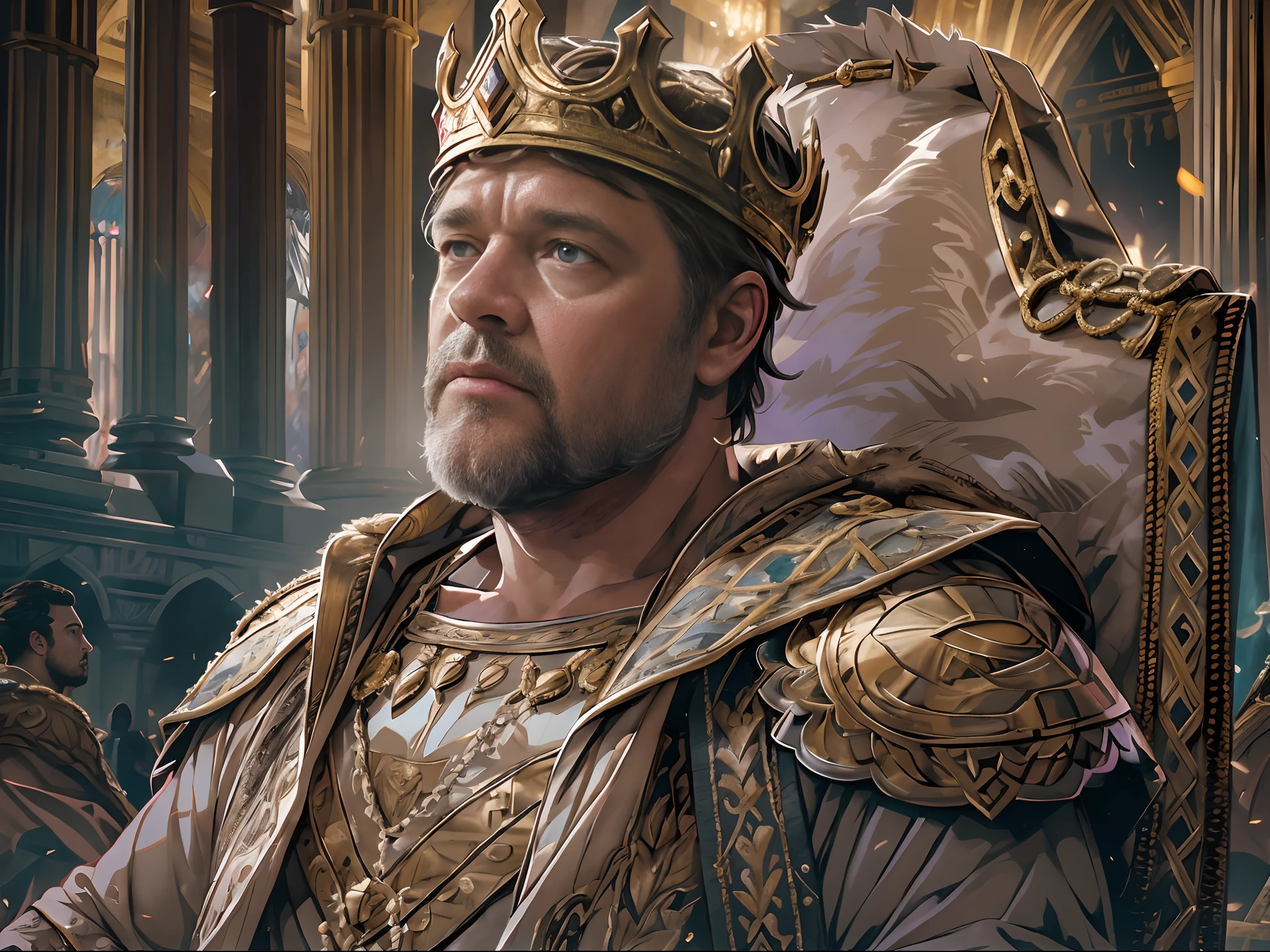 Coronation as king, Russell Crowe（Russell Ella Crowe）Played by General Maximus（cinematic ligh：gladiator），Coronation as king，Short dark brown hair，Small waves，Crown on head，Dressed in the emperor's robes，Delicate muscle contours, Realistic depiction, 4K quality. （Background with: The main hall of the Royal Palace），vague background，32k ULTRAHD, Best quality, Masterpiece, Super detail, High details，Correct anatomy，Ultra photo realsisim, fearsome, Dark fantasy, epic realistic, Faded, ((com cores neutras)), (hdr:1.5), (pastel colour:1.2), ultra - detailed, (Art Station:1.5), Cinematic, warm lights, Light effect, Dramaticlight, (Intricate details:1.1), the complex background, (greg rutkovsky:0.8),