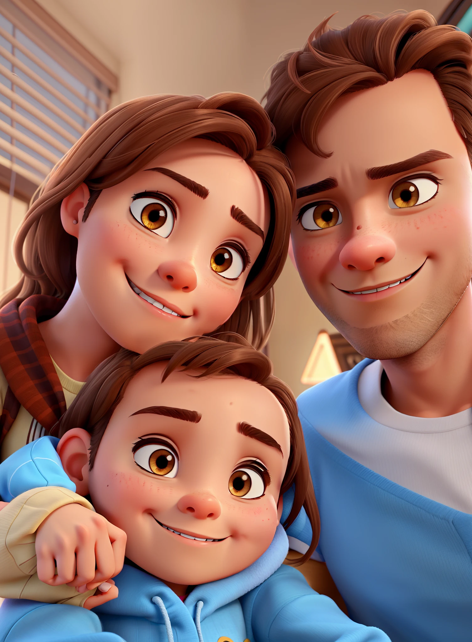 A man with light brown eyes and light brown hair and a woman with dark brown eyes holding a baby with light brown eyes and light brown hair in the disney pixar style as the Disney pixar logo.