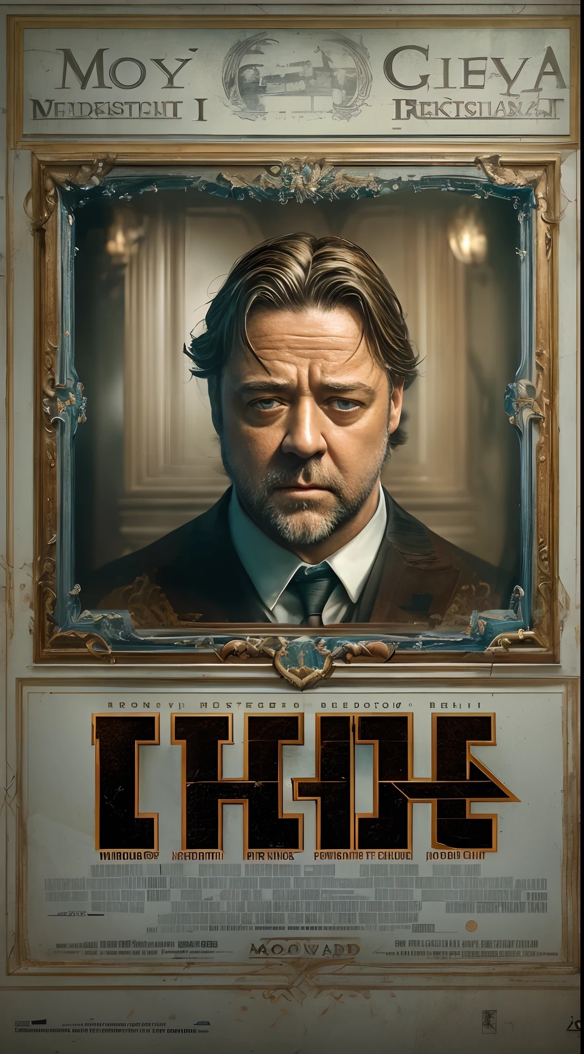 (Movie Premiere Poster 1.8), tmasterpiece,Russell Crowe(Russell Ella Crowe),Born in Wellington on 7 April 1964, new zealand,Actor、director、filmmaker,Wear a sophisticated haute couture suit,8K, High definition, Detailed face, Detailed eyes,Hyper-realistic, + cinema shot + Dynamic composition, Incredibly detailed, Sharpen, Details + Superb details + evening with light + perfectionism + award winning realism ((Moody lighting)),Vintage style,Be interviewed,Correct anatomy,