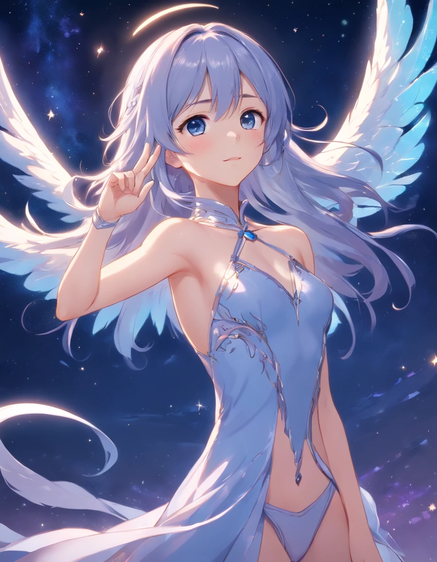 Luna has long, flowing silver hair that glimmers under the moonlight. Her eyes are a deep celestial blue, and her skin seems to radiate a soft, ethereal glow. Her gown is adorned with intricate patterns resembling constellations, and her shimmering silver wings span gracefully behind her.,masutepiece, best qualtiy, Anatomically correct, high details、No deformed mutated disfigured, No missing arms, No extra arms, No mutated hands, No extra legs, No bad hands, No poorly drawn hands, No malformed hands, No missing limb, No floating limbs, No disconnected limbs, No extra fingers, No bad fingers, No liquid fingers, No poorly drawn fingers, No missing fingers, No extra digit, No fewer digits