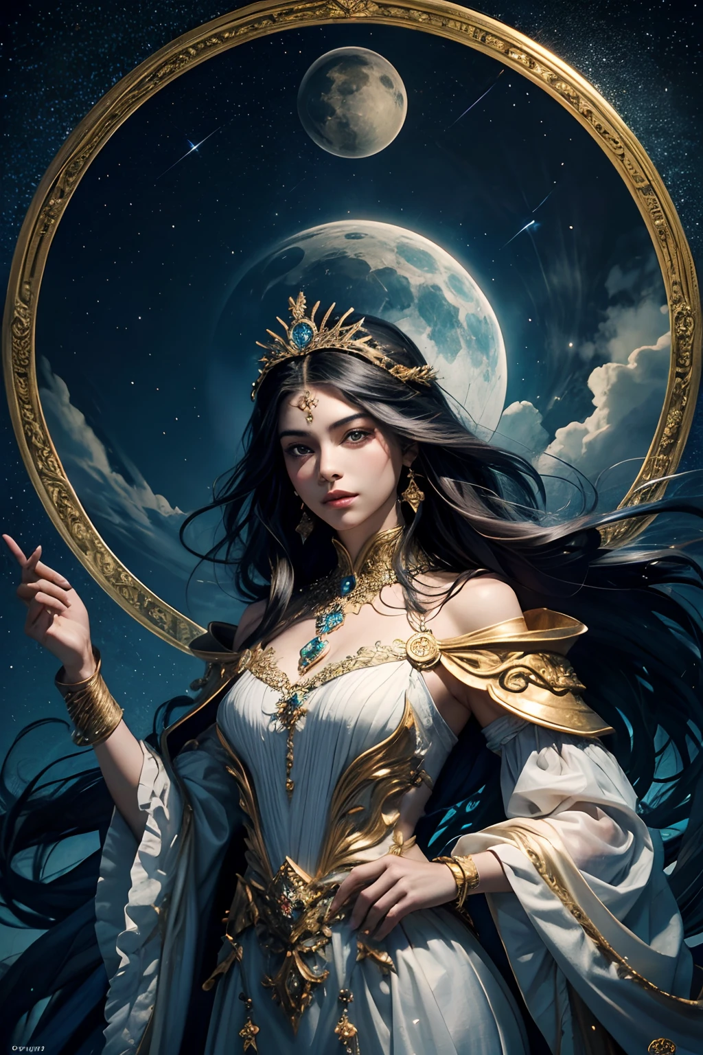 Enmarcado dorado,Tarot, frontera, Tachi-E, (La mejor calidad de imagen),(extremely detailed description),1girll,Vestida con trajes antiguos de reina,(cuerpo completosbian),Un cetro brillante en tu mano,corona en la cabeza,(Figura muy perfecta),(Highly detailed and perfect facial representation),(Detalles muy detallados de la cara),Cielo estrellado azul,(Primer plano de la luna muy grande),Moonlight shines through the clouds,Las Estrellas(Brillos),Prendas(BlingBling),(The four sides of the image are surrounded by tarot-like borders),(tmasterpiece),(Fondo de pantalla de 8k),mito,fantasy theme,Realismo ultrarrealista,Realista