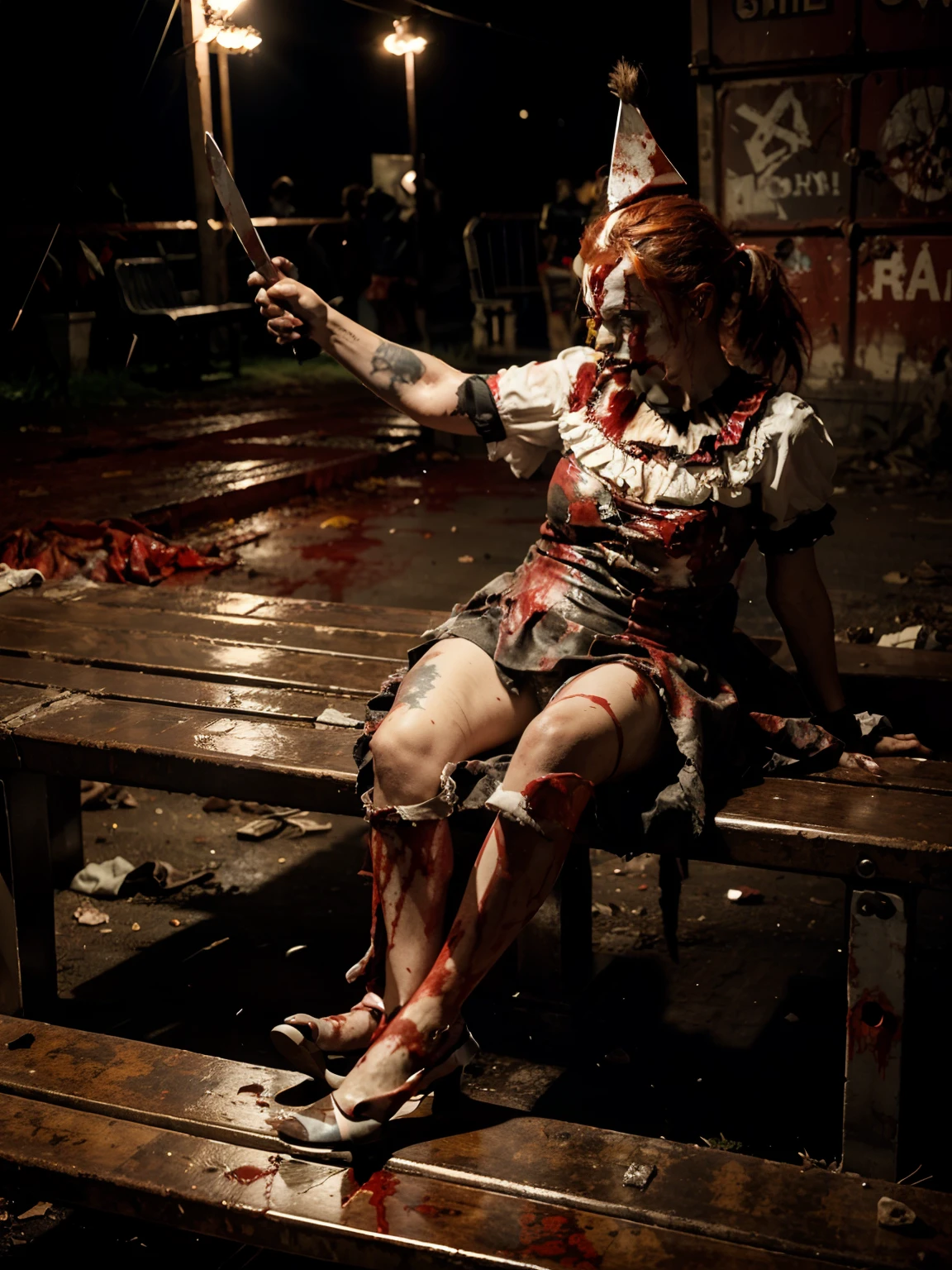 Blood covered, 8  girl, in clown costume sitting on very blood soaked bench, bloody knife in her hand, bright Red hair, covered in bloody, bloody costume, at a carnival, ultra bloody scene, wearing accurate clown makeup, bloody body parts laying on the bench beside her, gory, ultra bloody, full body with costume, very go, carnival rides with lights, dark night time scene, cinematic style, scary atmosphere, horror scene, ultra detailed, 8k, horror graphics, evil scene, ultra detailed, ultra realistic,