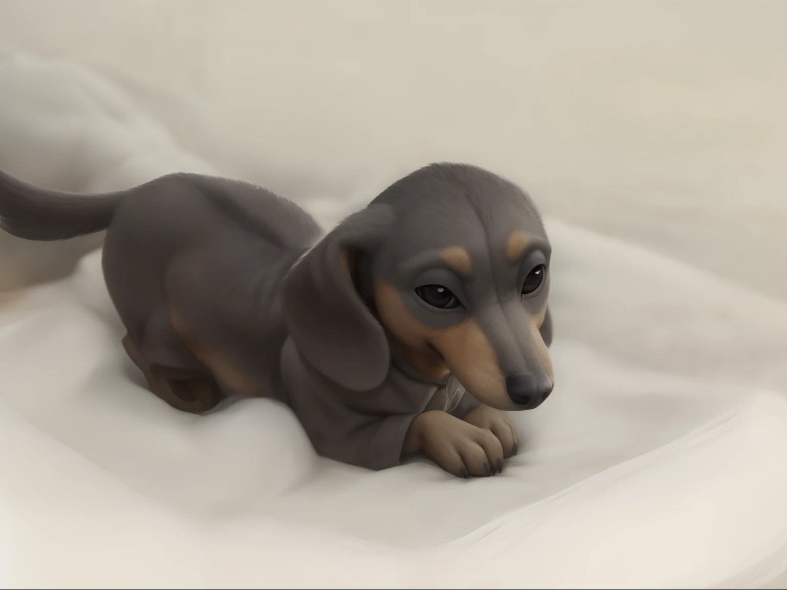 there is a small dog that is laying on a blanket, Dachshund, Weenie, orgulhoso olhando para longe, muito realista, very realistic appearance, very realistic, puppy, circunstanciado!!, atordoante!, olhando para o lado, lush fertile fecund, manchado ultra realista, perfil do lado direito, olhar orgulhoso, Gorgeous features, muito bobo olhando, Looking towards the camera