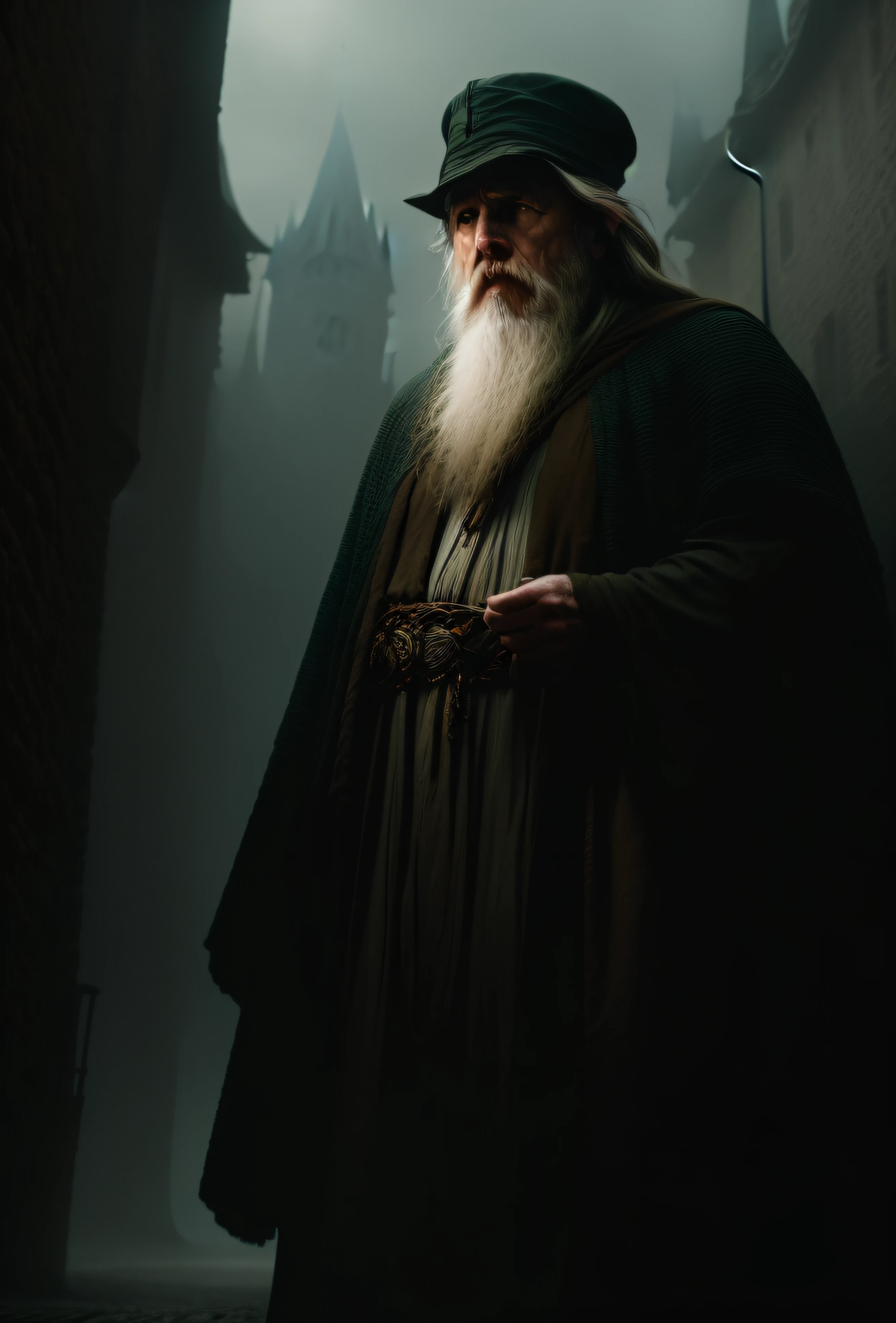 abstract colors, texture, film grain, skin pores:0.1 hasselblad dslr RAW photo, backlit intricate dramatic portrait of an old bearded wizard casting a spell, standing on medieval fantasy city (cobblestone street)1.2, foggy morning, shannara chronicles lotr gandalf hobbit willow concept art anna dittmann magali villeneuve marc simonetti, cinematic movie still frame, (analog style)1.3 (film grain)1.3