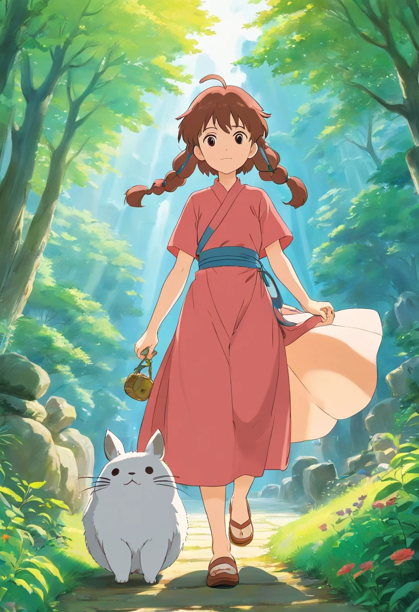 Draw a Ghibli-style character。The characters contain elements of nature and fantasy、It will have adorable facial expressions and a distinctive animation style。Add beautiful landscapes and magical elements to the background。Draw your character in a way that makes you feel like you're discovering something in the adventure。」