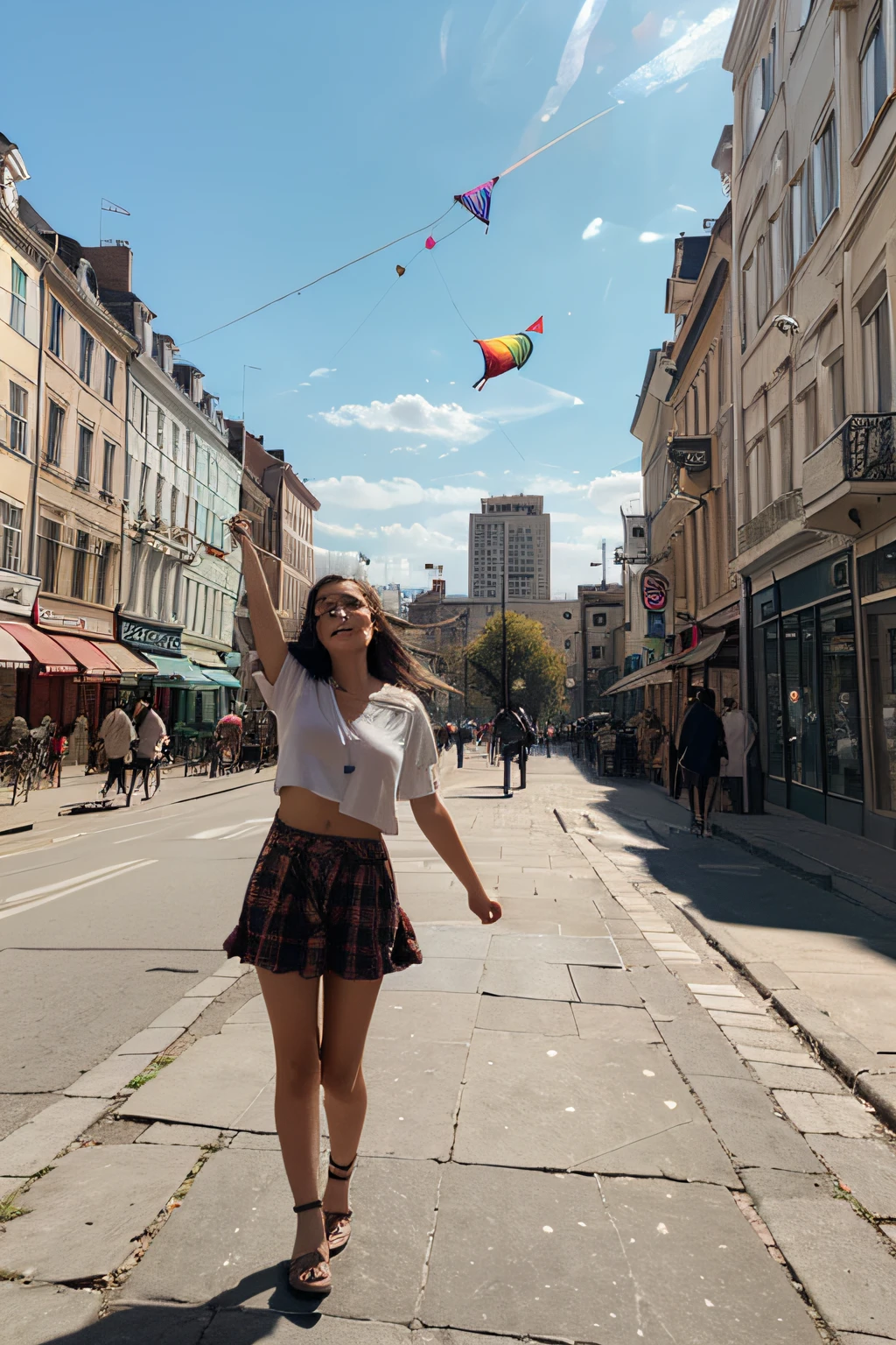 Image of a girl flying a kite in the square