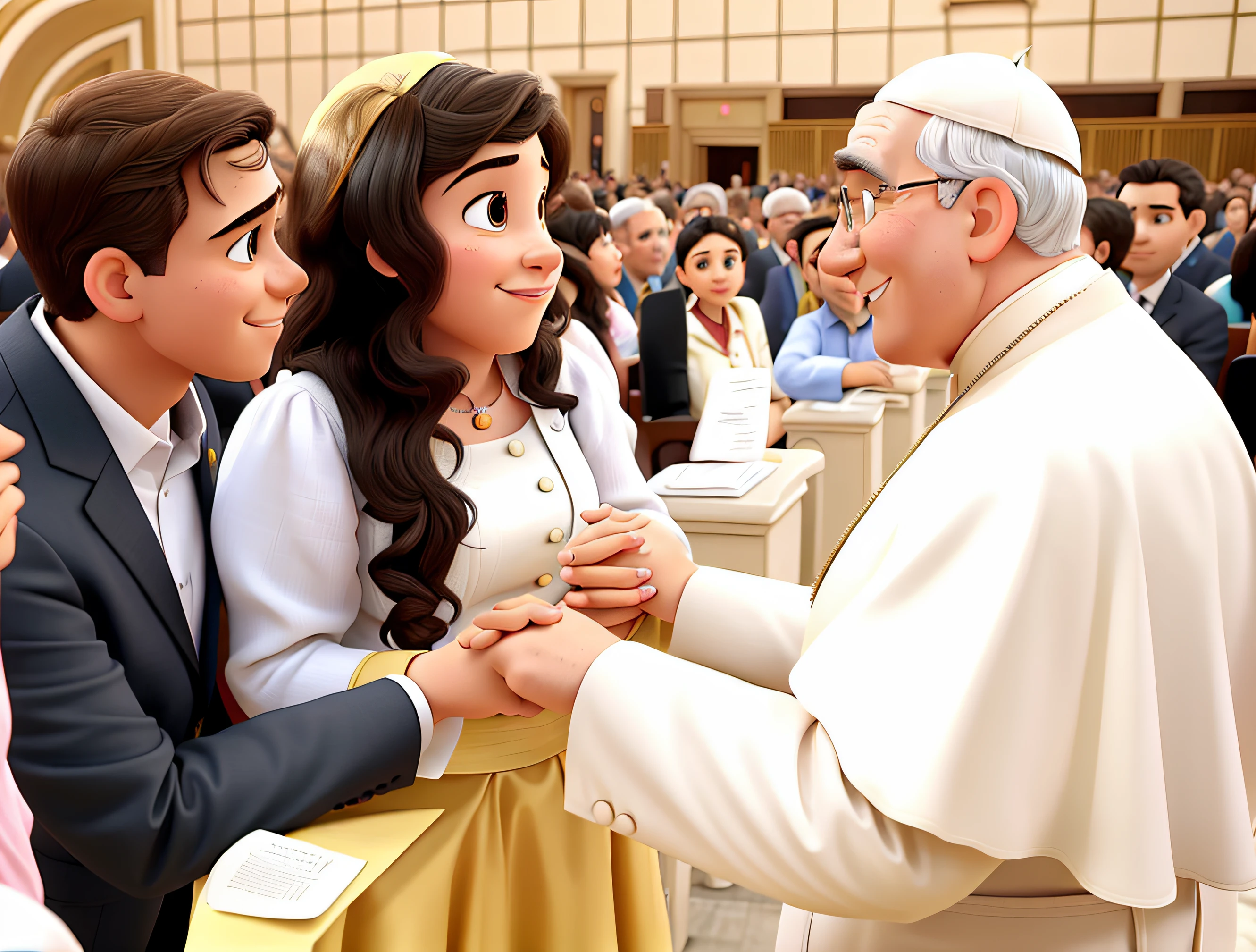 um poster estilo disney pixar, a young couple greeting the Pope in a packed auditorium, alta qualidade, melhor qualidade, without glasses.