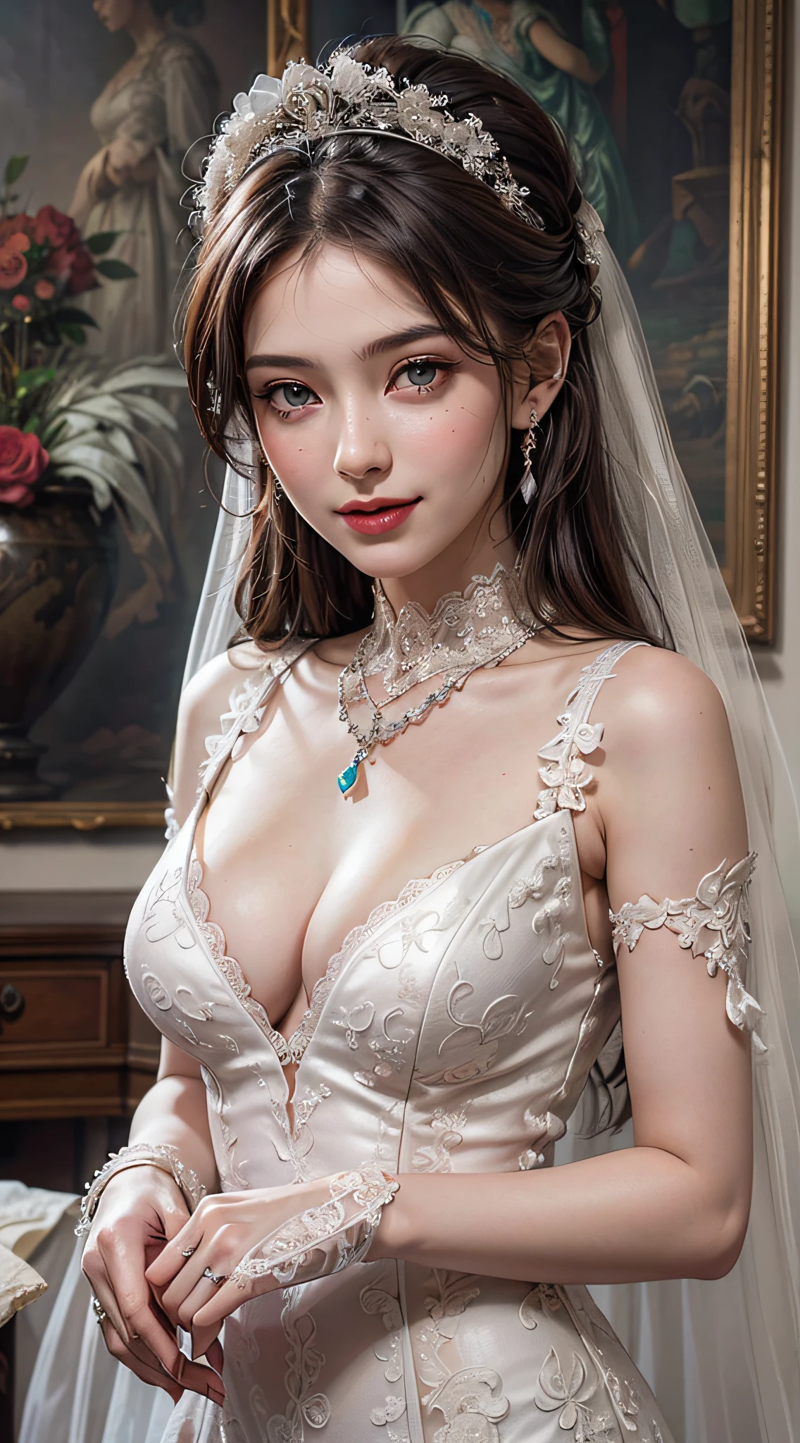 (1girl), Updo hairstyle, Extremely cute face, Amazing face and eyes, (Highly detailed eyes, Highly detailed face), fresh, Very clean appearance, (Hyper-realistic, hight resolution), (Best Quality:1.4), (hyper quality), Authentic skin texture, Raw photo, (Realistic, Photorealsitic:1.37), highly detailed, Professional Photography, (beautiful lace bridal dress:1.5), (lace bridal dress with open front), (cleavage:1.2), (Bare shoulders), Smile slightly, (Staring at me), luxury accessories, necklaces and earrings, luxury living room, girl portrait,