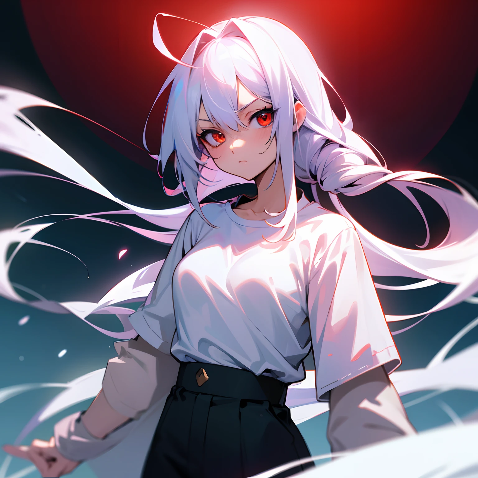 Badass anime 8k,anime 4k,girl,hair white,fofa,with a visible shirt,eyes red,bad eyes