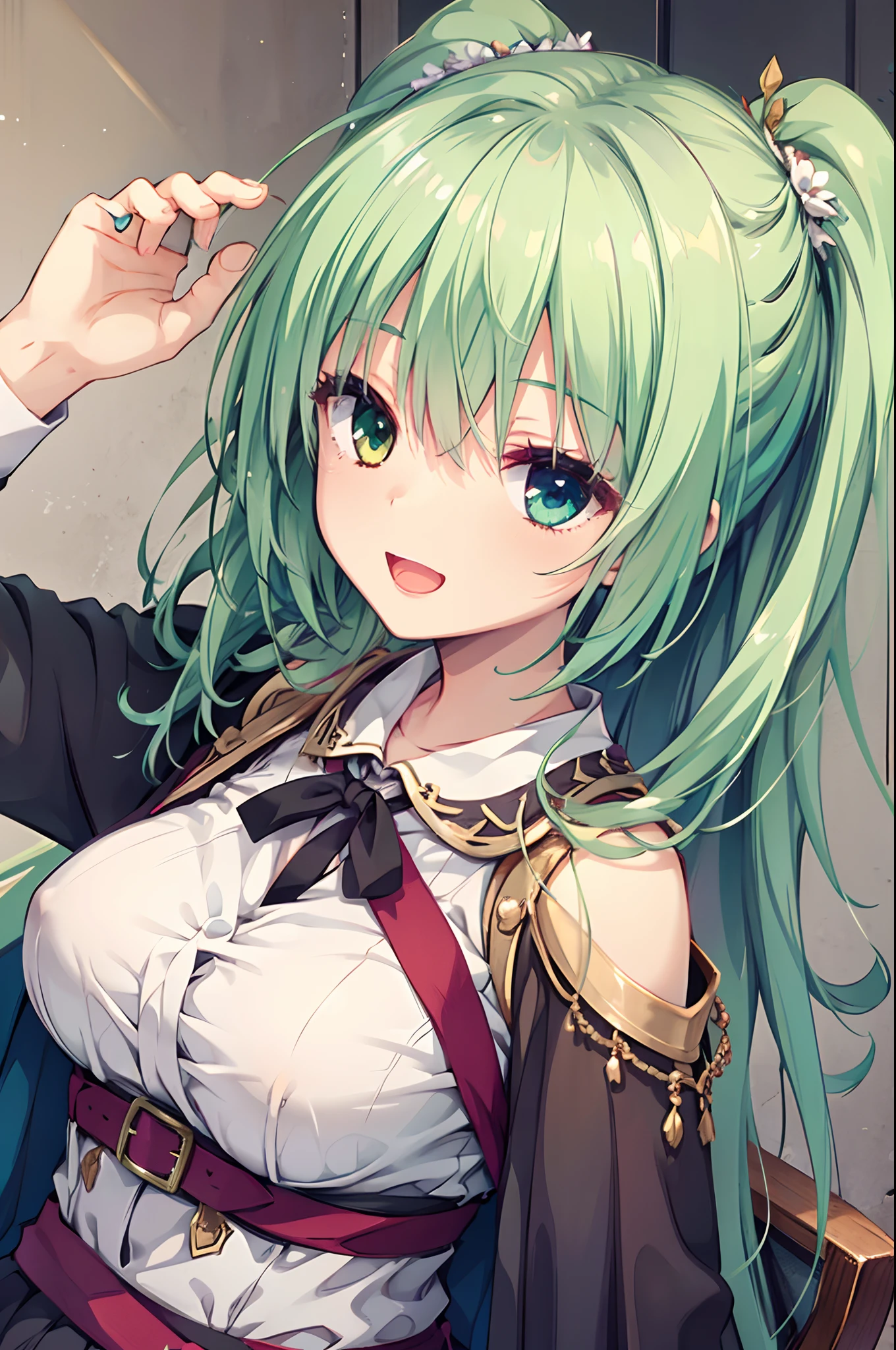 tiny girl,Colossal tits,Smile with open mouth,Green hair,Adventurer Costume,Archer,Heterochromia,Top image quality,Best Quality