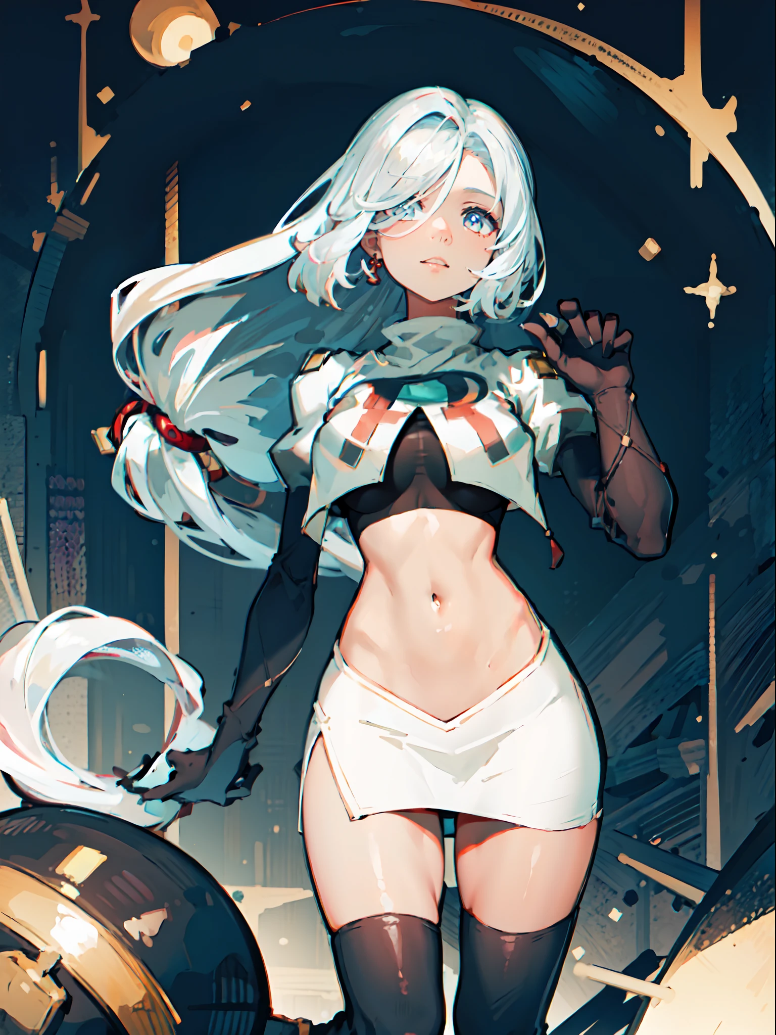1girl, shenhe \(genshin impact\), long hair, silver hair, medium breasts, hair over one eye,,1girl,team rocket,team rocket uniform,white skirt,crop top,black thigh-highs,black elbow gloves,