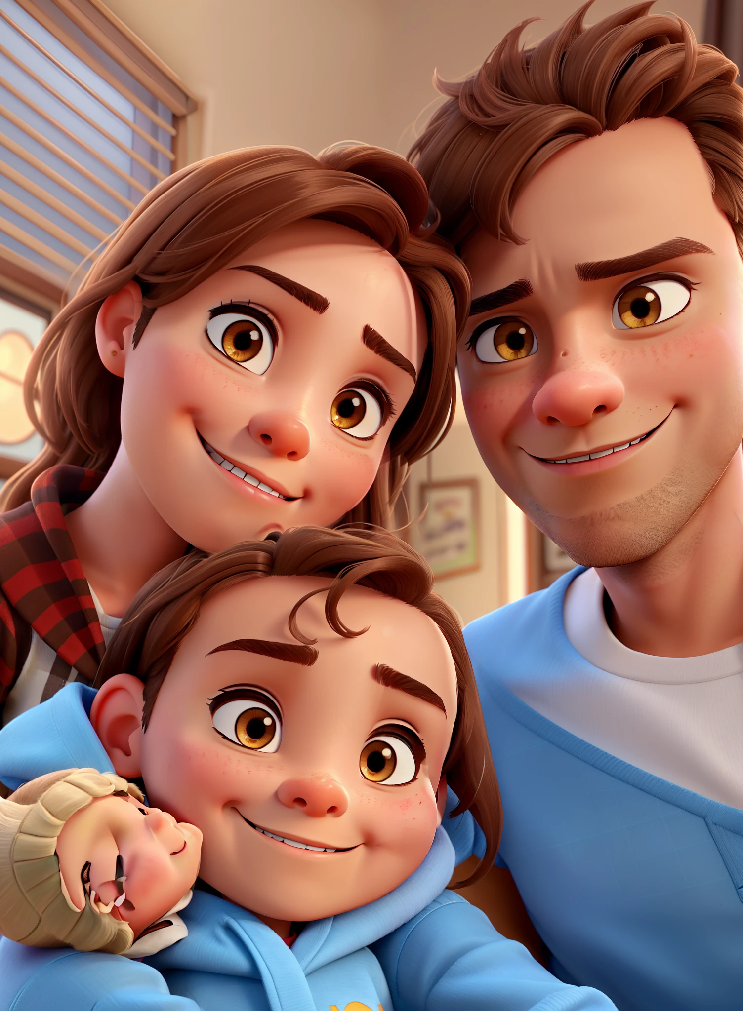 A man with light brown eyes and light brown hair and a woman with dark brown eyes holding a with light brown eyes and light brown hair in the disney pixar style as the Disney pixar logo.