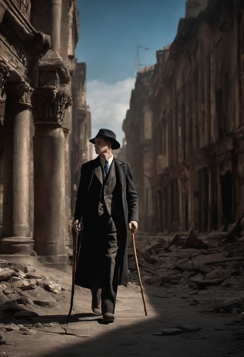 A young Fit, but blind warrior walks carefully down the street papping his cane in a post war city in ruins his cane provides a map of the mosley greyscale world without colour except for the fire and his bright blue blind eyes