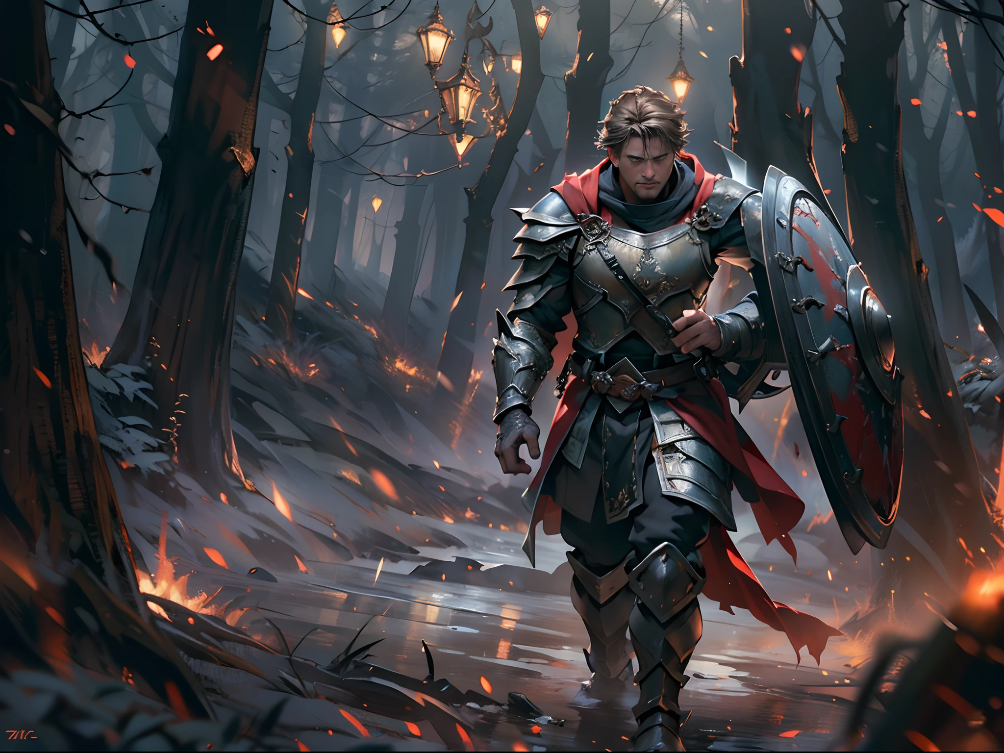 Guild wars，top-quality、softlighting、(depth of fields)、超A high resolution、(Photorealsitic:1.4)、RAW photography、(porate:1.4)，On the battlefield，Russell Crowe（Russell Ella Crowe）played by General Maximus（cinematic ligh：gladiator），（Hairstyles：Short dark brown hair，Small waves），（Wearing：Silver armor，red capelet，（rendering by octane, illusory engine, Highly detailed, iintricate，））, Fight on the battlefield，Scenes of fighting enemies，（Angry，Brave，intense battles，），8K, High definition, Detailed face, Detailed eyes，Hyper-realistic, + cinema shot + Dynamic composition, Incredibly detailed, Sharpen, Details + Superb details + perfectionism + award winning realism ((Moody lighting))，Vintage style，Correct anatomy，（Scenes：Winter cold forest，battlefiled，Flying flames，），((Masterpiece,Best quality)), ((Cinematic light)), Ultra photo realsisim, fearsome, Dark fantasy, epic realistic, Faded, ((com cores neutras)), (hdr:1.5), (pastel colour:1.2), ultra - detailed, (Art Station:1.5), Cinematic,  Light effect, Dramaticlight, (Intricate details:1.1), the complex background, (greg rutkovsky:0.8),，Knights、Full body armor、big sword、a shield、Red cape、 Fierce, epic, Cinematic composition,